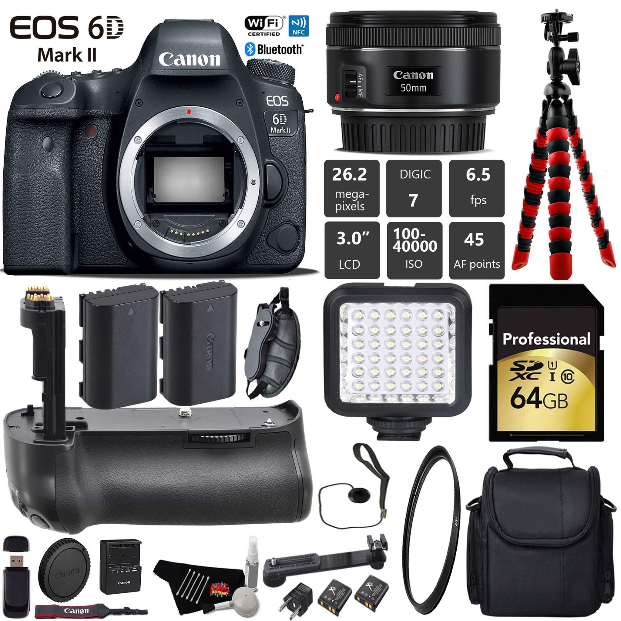 Canon EOS 6D Mark II DSLR Camera With 50mm 1.8 STM Lens + Professional Battery Grip + UV Protection Filter + LED Kit Pro Bundle Canon