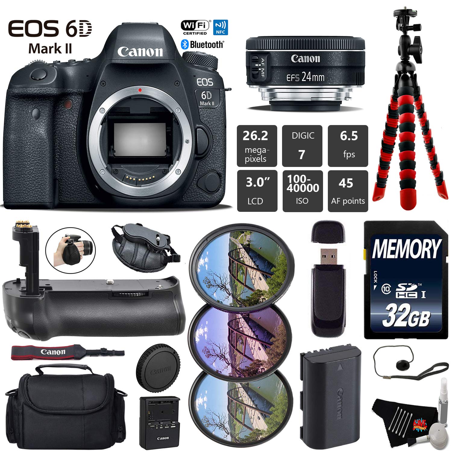 Canon EOS 6D Mark II DSLR Camera with 24mm f/2.8 STM Lens + Professional Battery Grip + UV FLD CPL Filter Kit + Case Starter Bundle Canon