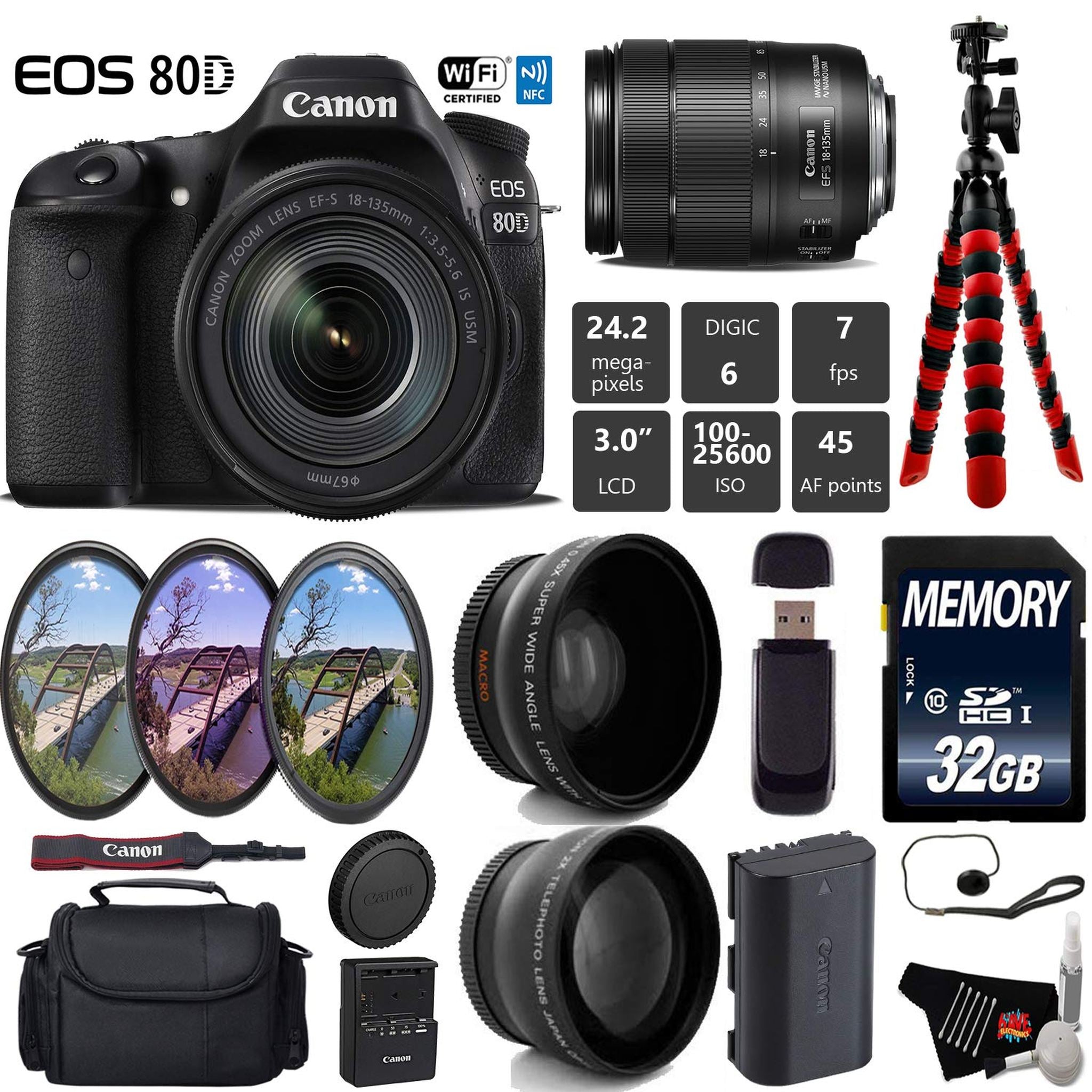 Canon EOS 80D DSLR Camera with 18-135mm is STM Lens + UV FLD CPL Filter Kit + Wide Angle & Telephoto Lens + Camera Case Starter Bundle Canon