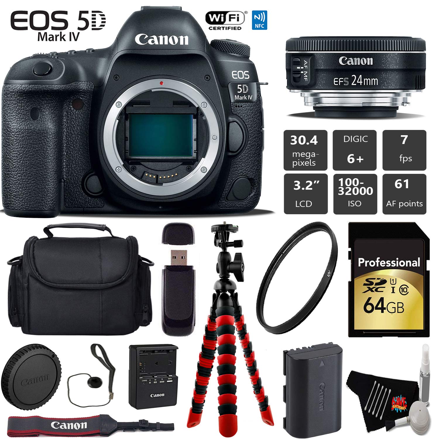 Canon EOS 5D Mark IV DSLR Camera with 24mm f/2.8 STM Lens + Wireless Remote + UV Protection Filter + Case Pro Bundle Canon