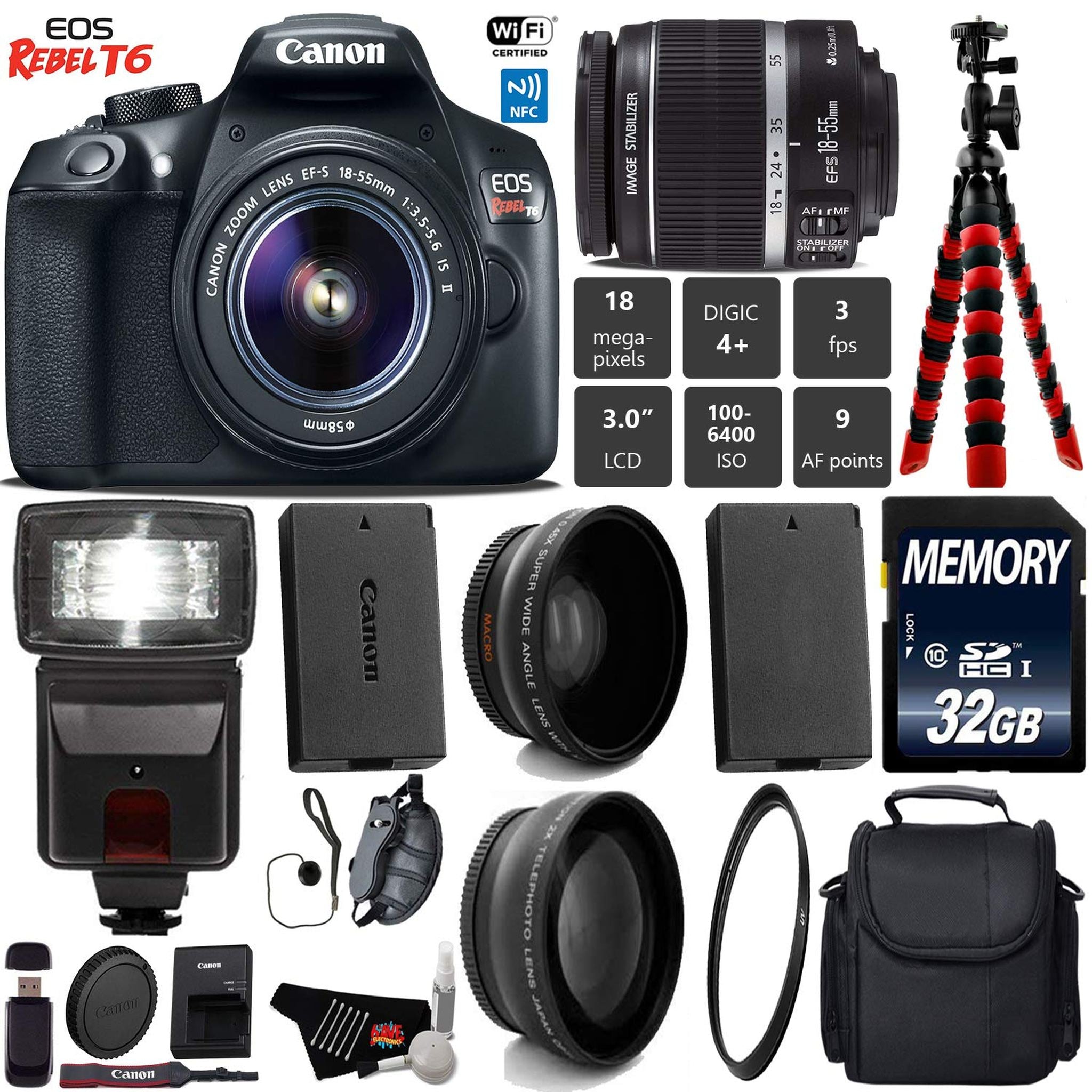 Canon EOS Rebel T6 DSLR Camera 18-55mm is II Lens + Flash + UV FLD CPL Filter Kit + Wide Angle & Telephoto Lens + Camera Starter Bundle Canon