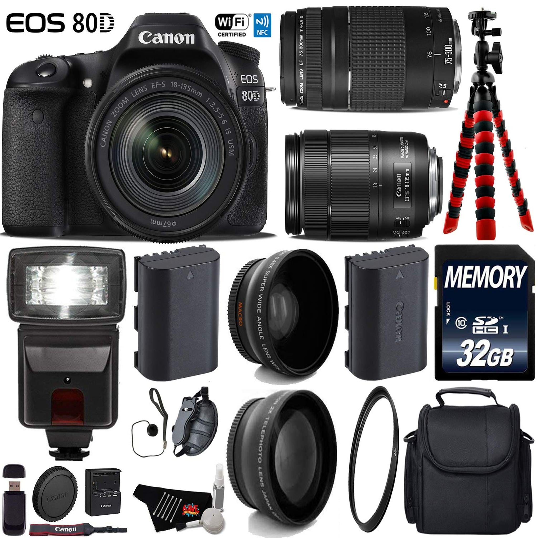 Canon EOS 80D DSLR Camera with 18-135mm is STM Lens & 75-300mm III Lens + Flash + UV FLD CPL Filter Kit Ultimate Bundle Canon