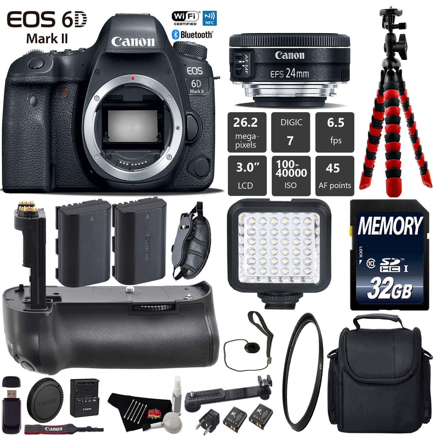 Canon EOS 6D Mark II DSLR Camera With 24mm 2.8 STM Lens + Professional Battery Grip + UV Protection Filter + LED Kit Starter Bundle Canon