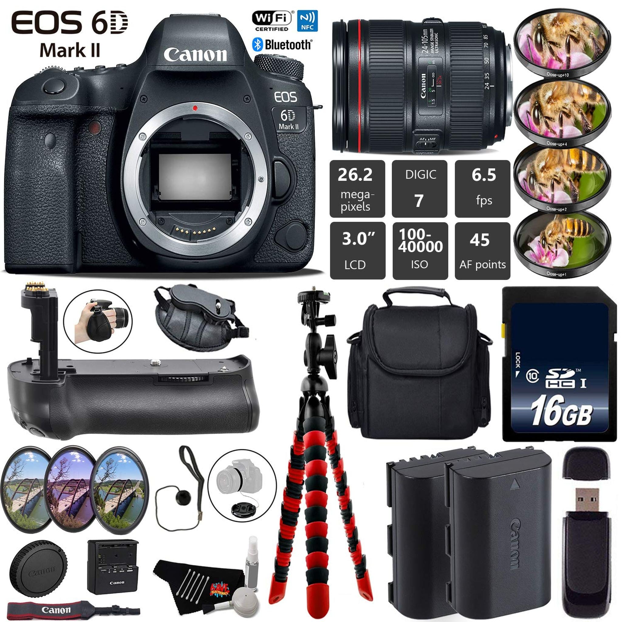 Canon EOS 6D Mark II DSLR Camera with 24-105mm f/4L II Lens + Professional Battery Grip + 4PC Macro Filter Kit + LED Kit Base Bundle Canon