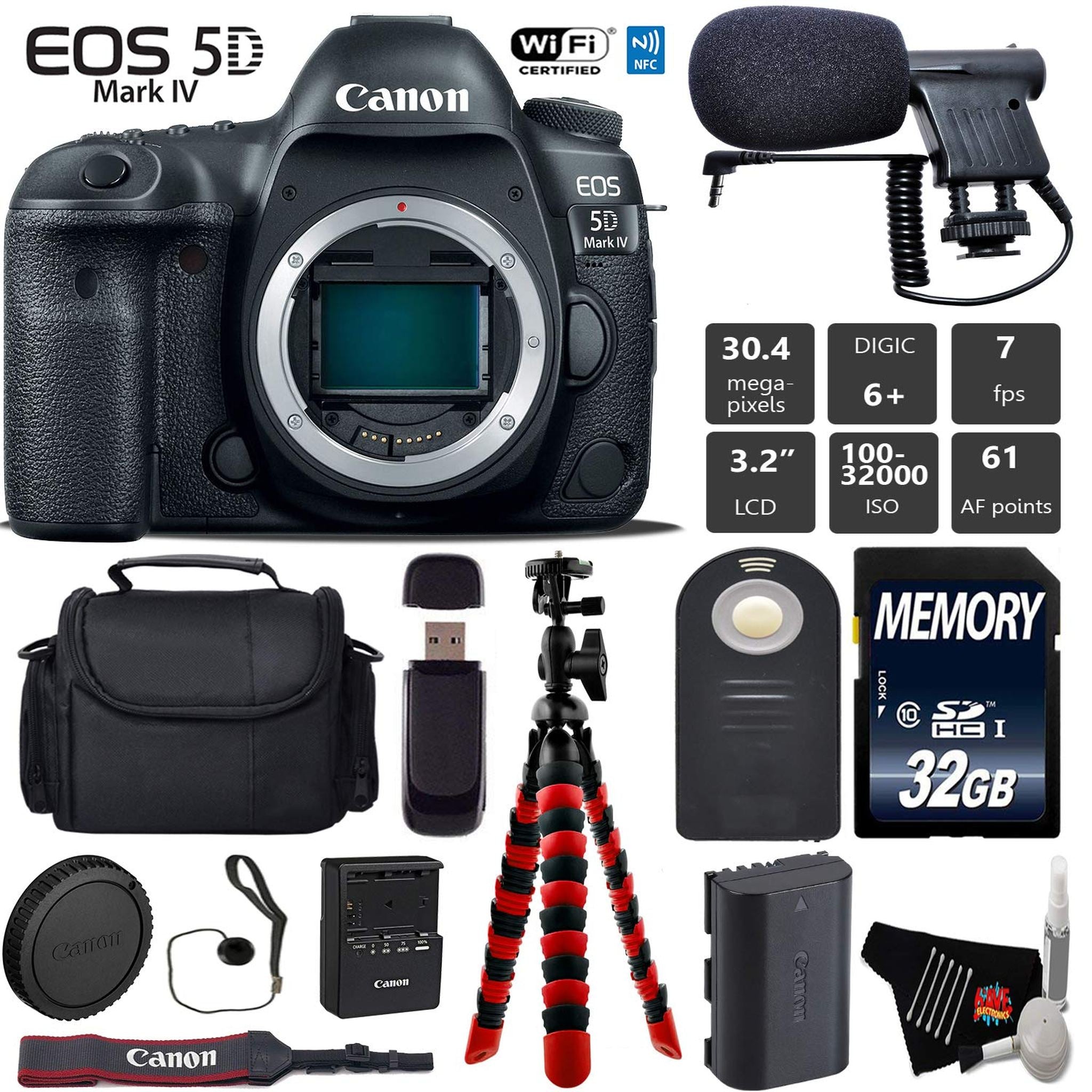 Canon EOS 5D Mark IV DSLR Camera Body Only + Wireless Remote + Condenser Microphone + Case + Wrist Strap + Tripod Starter Bundle Canon