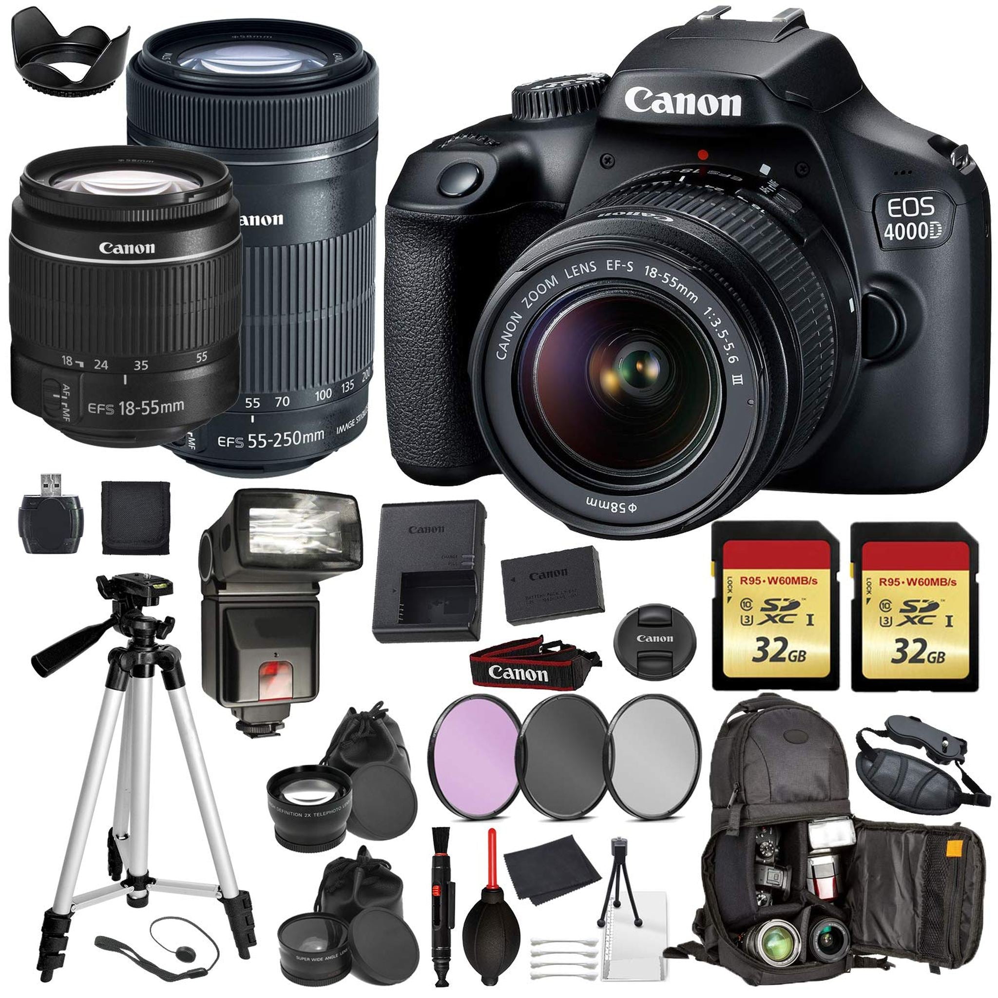 Canon EOS Rebel 4000d Digital SLR Camera with EF-S 18-55mm + EF-S 55-250mm STM Black Pro Accessory Bundle Package Deal Canon