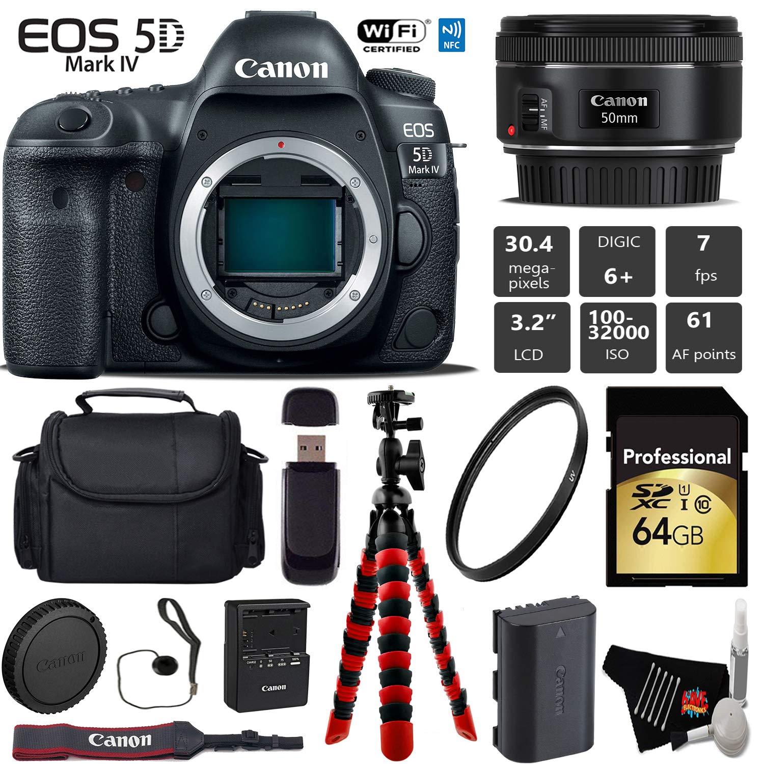 Canon EOS 5D Mark IV DSLR Camera with 50mm f/1.8 STM Lens + Wireless Remote + UV Protection Filter + Case + Wrist Strap Pro Bundle Canon