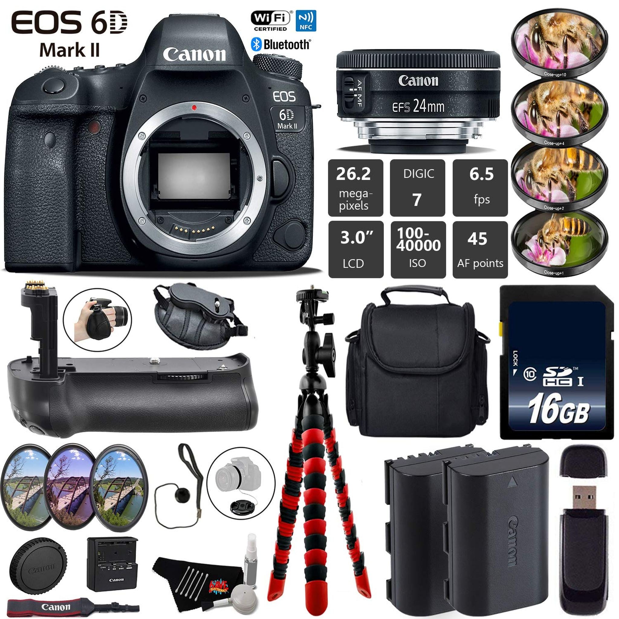 Canon EOS 6D Mark II DSLR Camera With 24mm 2.8 STM Lens + Professional Battery Grip + 4PC Macro Filter Kit + LED Kit Base Bundle Canon