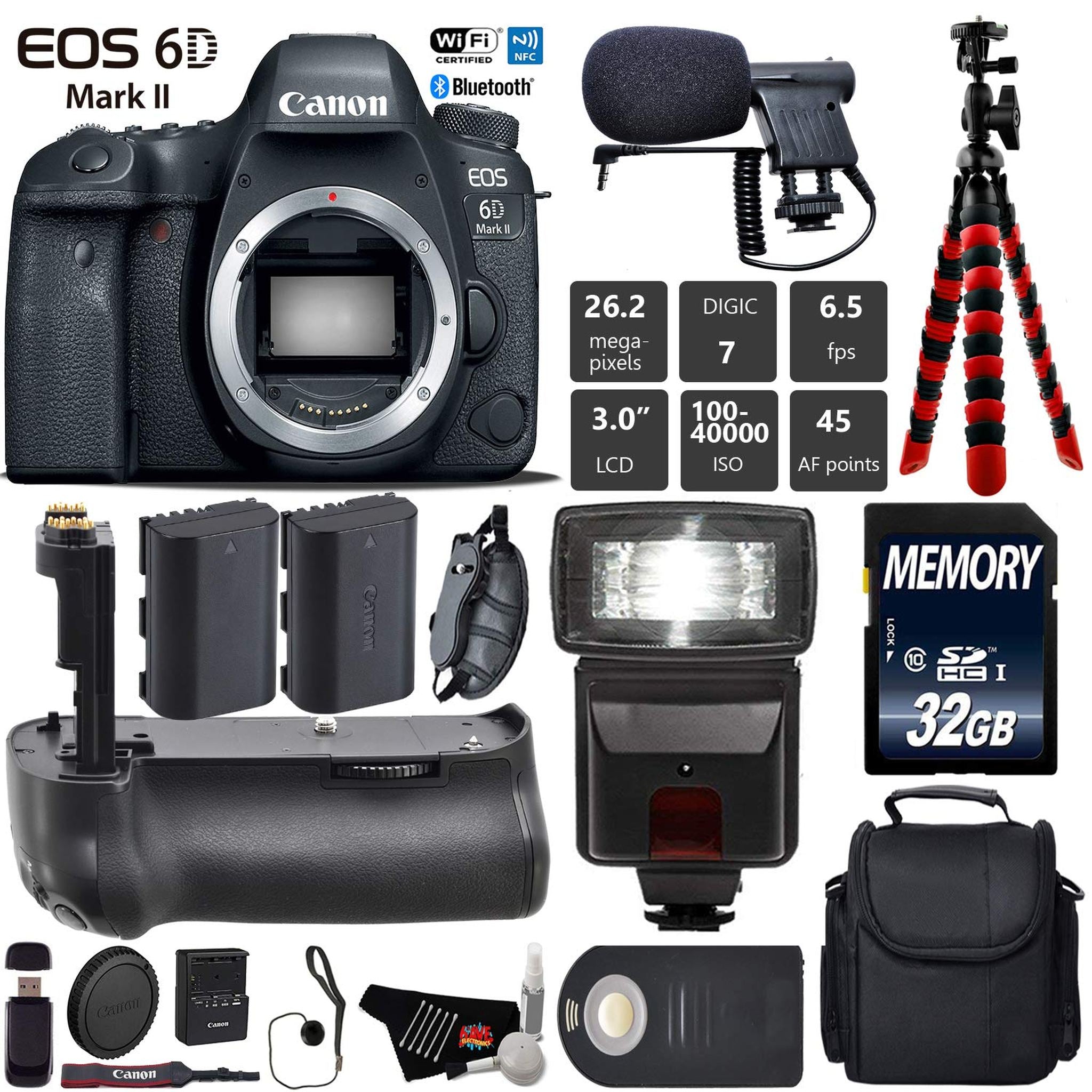 Canon EOS 6D Mark II DSLR Camera Body Only + Professional Battery Grip + Condenser Microphone + Flash + Extra Battery Starter Bundle Canon