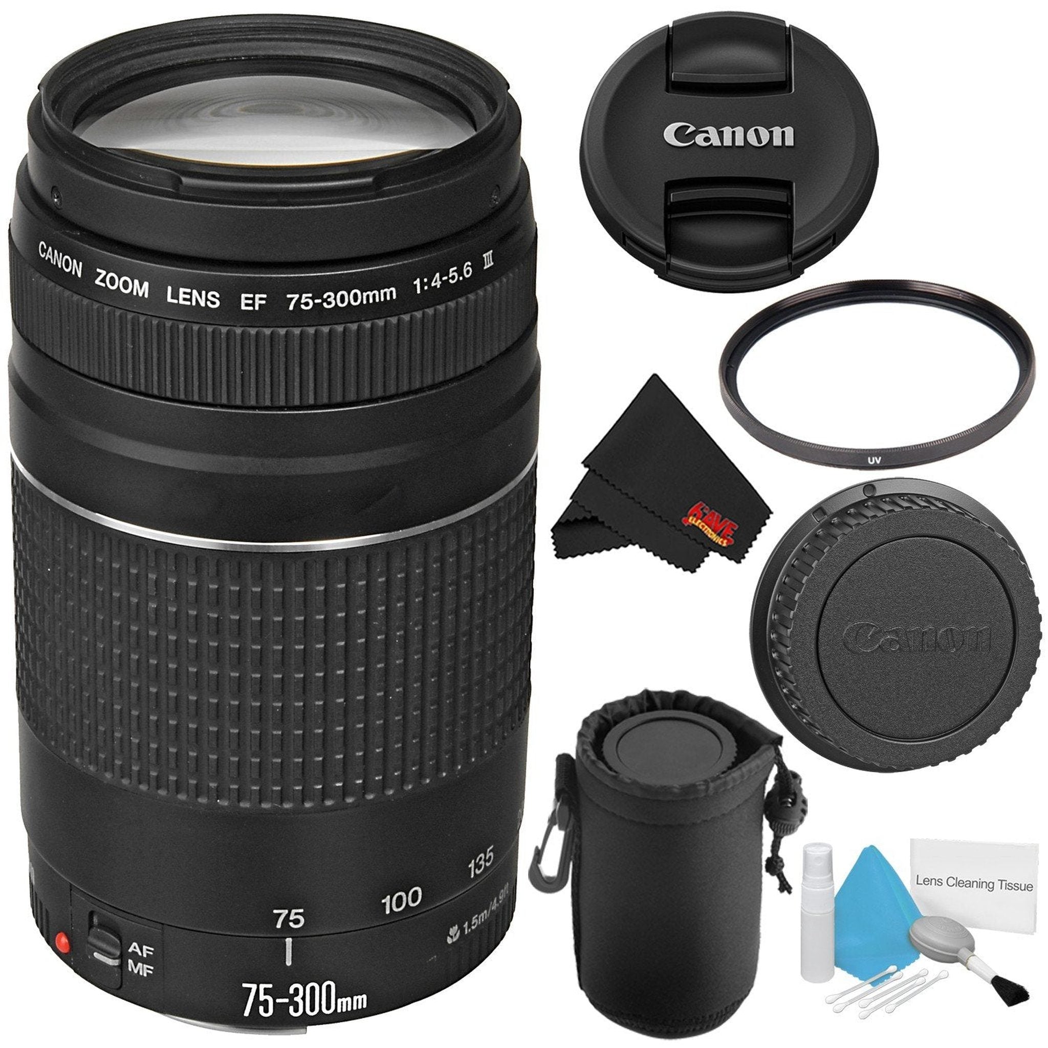 Canon EF 75-300mm f/4-5.6 III Telephoto Zoom Lens 6473A003 + Deluxe Lens Pouch + Deluxe Cleaning Kit + MicroFiber Cloth Bundle Canon