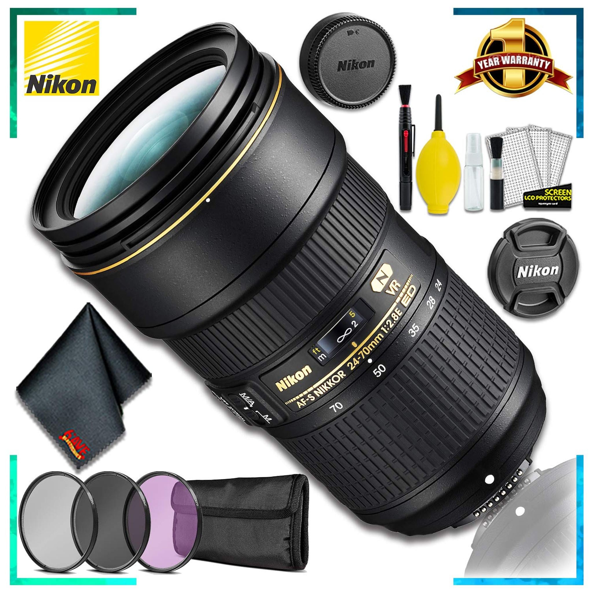 Nikon AF-S NIKKOR 24-70mm f/2.8E ED VR Intl Model + 3pcs UV Lens Filter Kit + Cleaning Kit Nikon