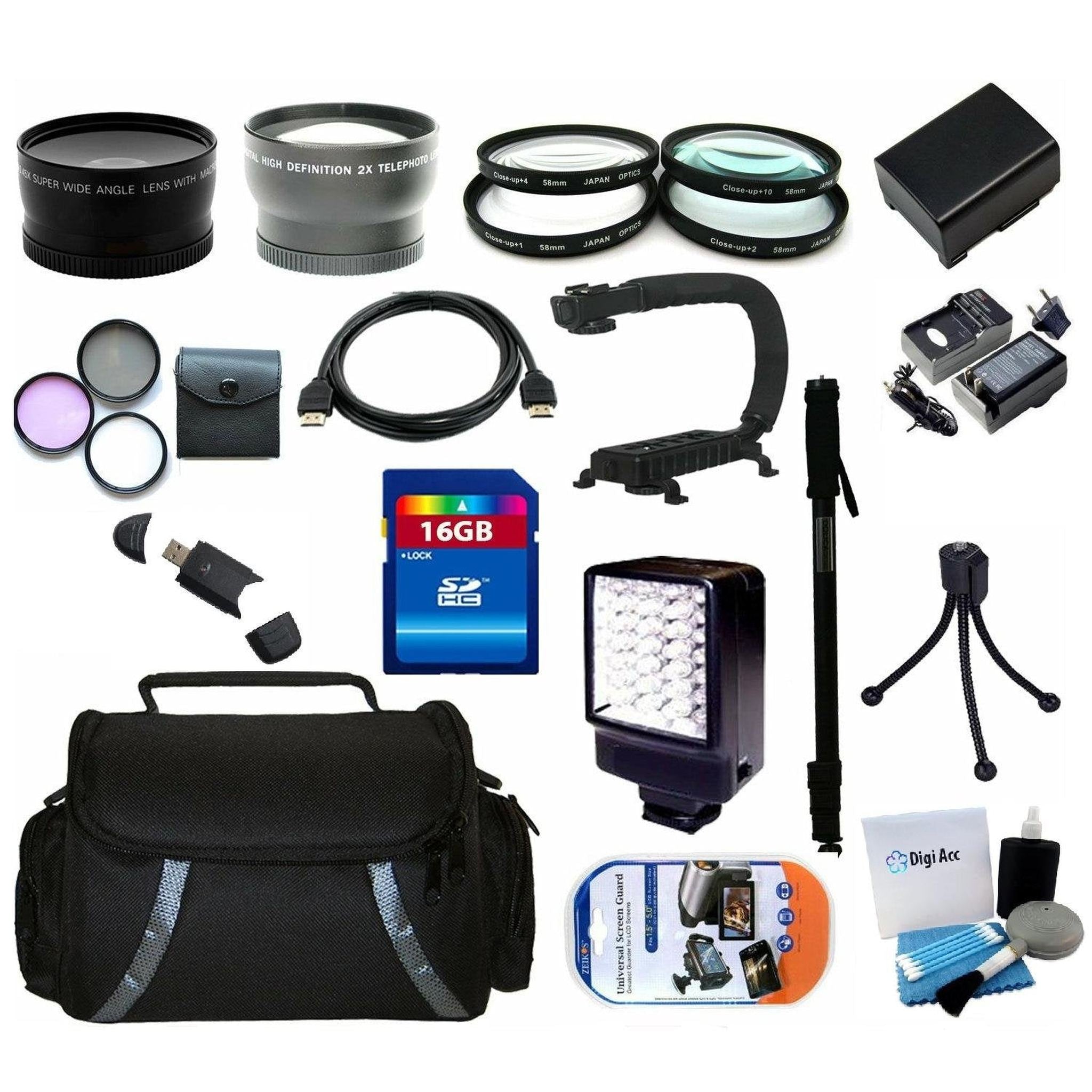 Advanced Accessory Kit Include Replacement Battery + Charger + 16GB Memory + Reader + Wide Angle Lens + Telephoto Lens + Filter Kit + Close UP Lens Kit + HDMI + Monopod + Flash Memory Camcorder