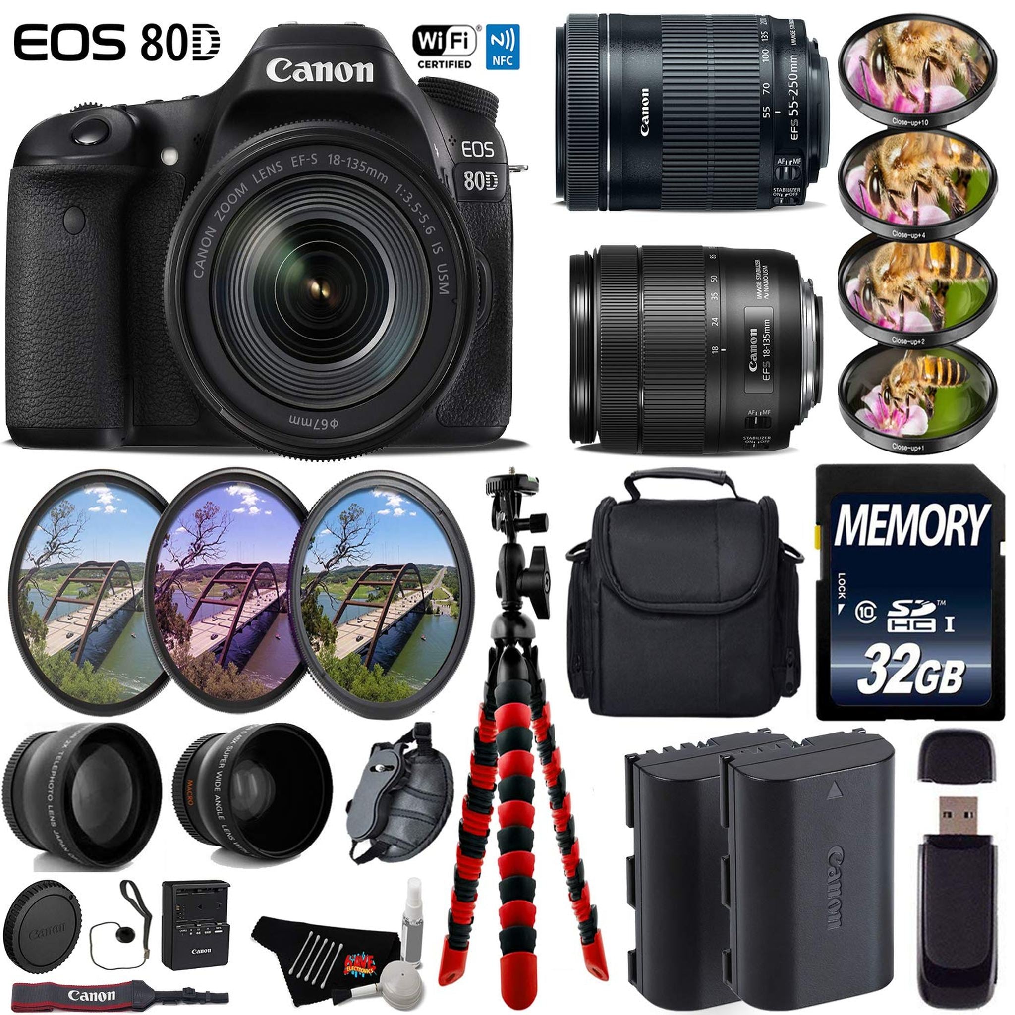 Canon EOS 80D DSLR Camera + 18-135mm STM Lens & 55-250mm is STM Lens + UV FLD CPL Filter Kit + 4 PC Macro Kit Advanced Bundle Canon