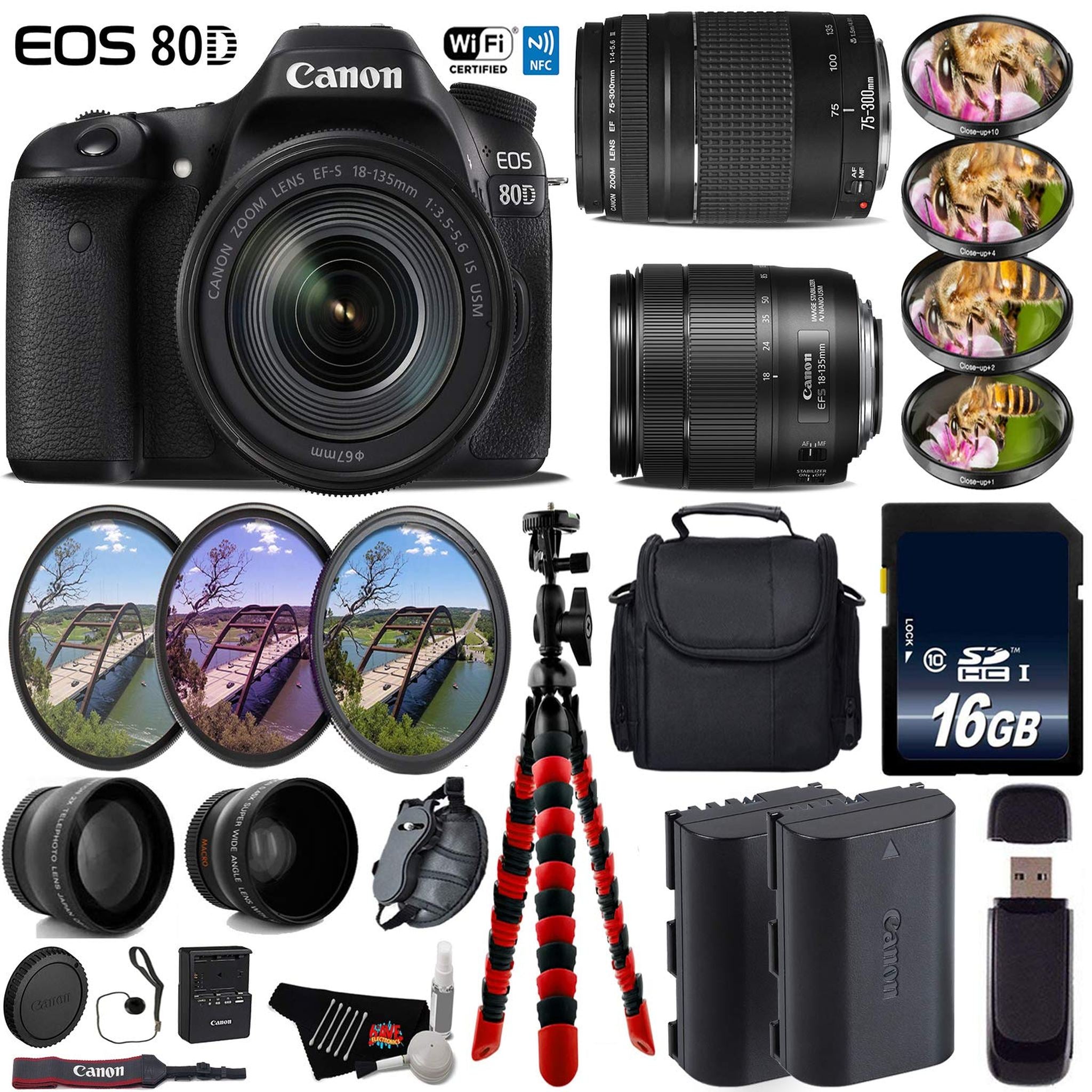 Canon EOS 80D DSLR Camera & 18-135mm is STM Lens & 75-300mm III Lens + UV FLD CPL Filter Kit + 4 PC Macro Kit Advanced Bundle Canon