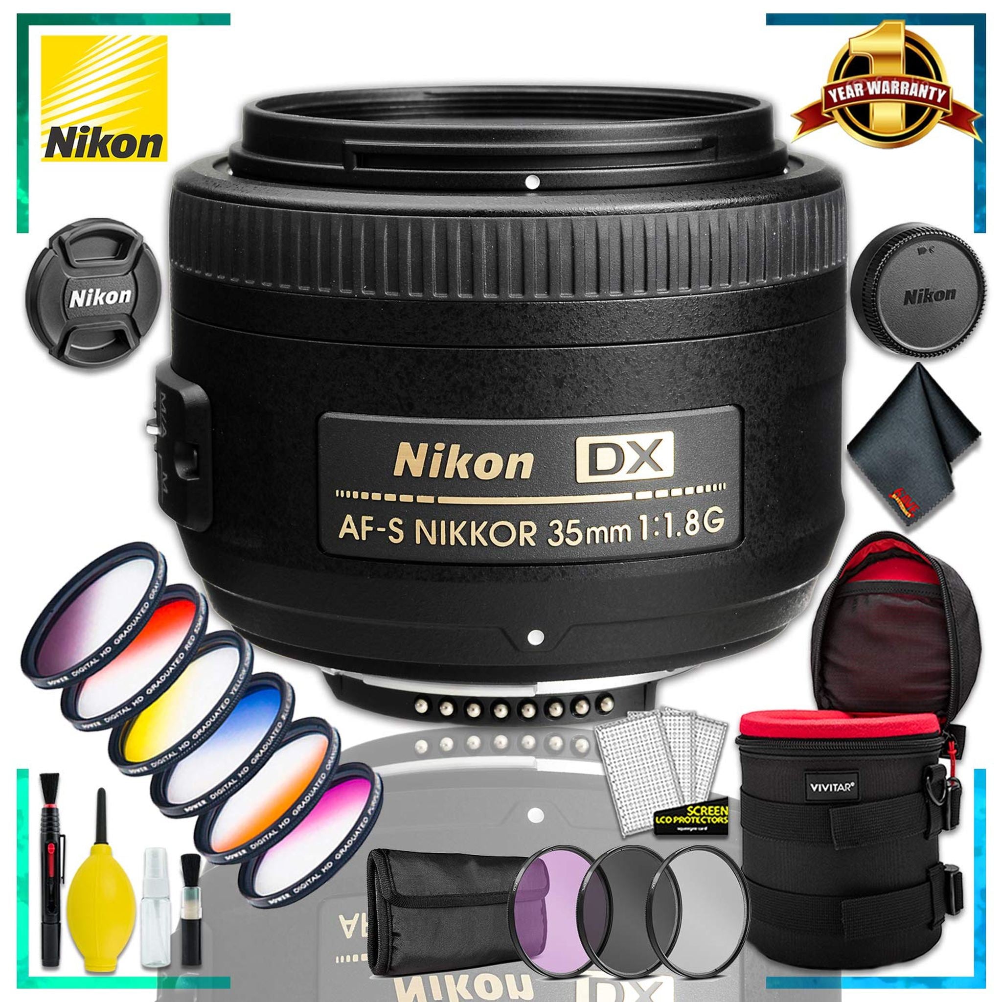 Nikon AF-S DX NIKKOR 35mm f/1.8G Lens + 4.5 inch Vivitar Premium Lens Case + Vivitar Graduated Color Filter Kit + 3pcs UV Lens Filter Kit + Cleaning Kit Nikon