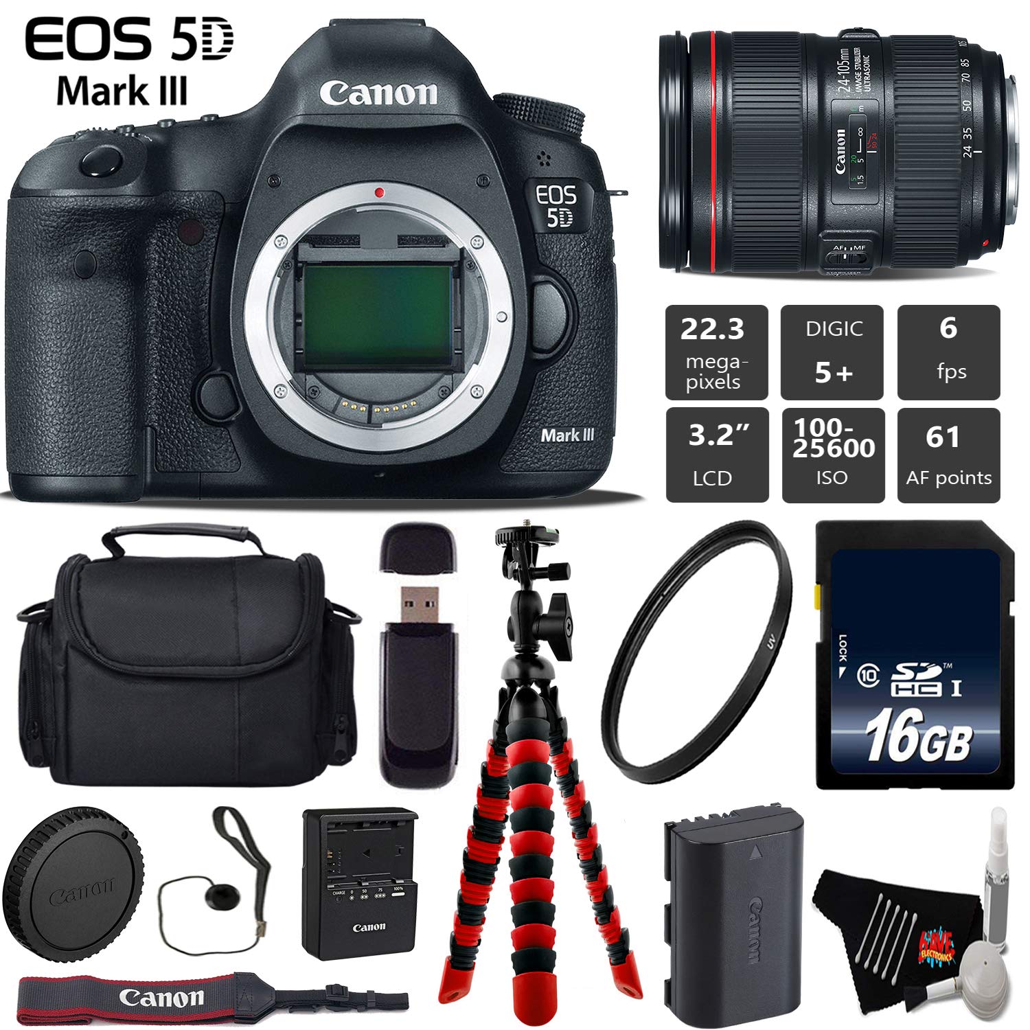 Canon EOS 5D Mark III DSLR Camera with 24-105mm f/4L II Lens + Wireless Remote + UV Protection Filter + Case + Wrist Str Canon