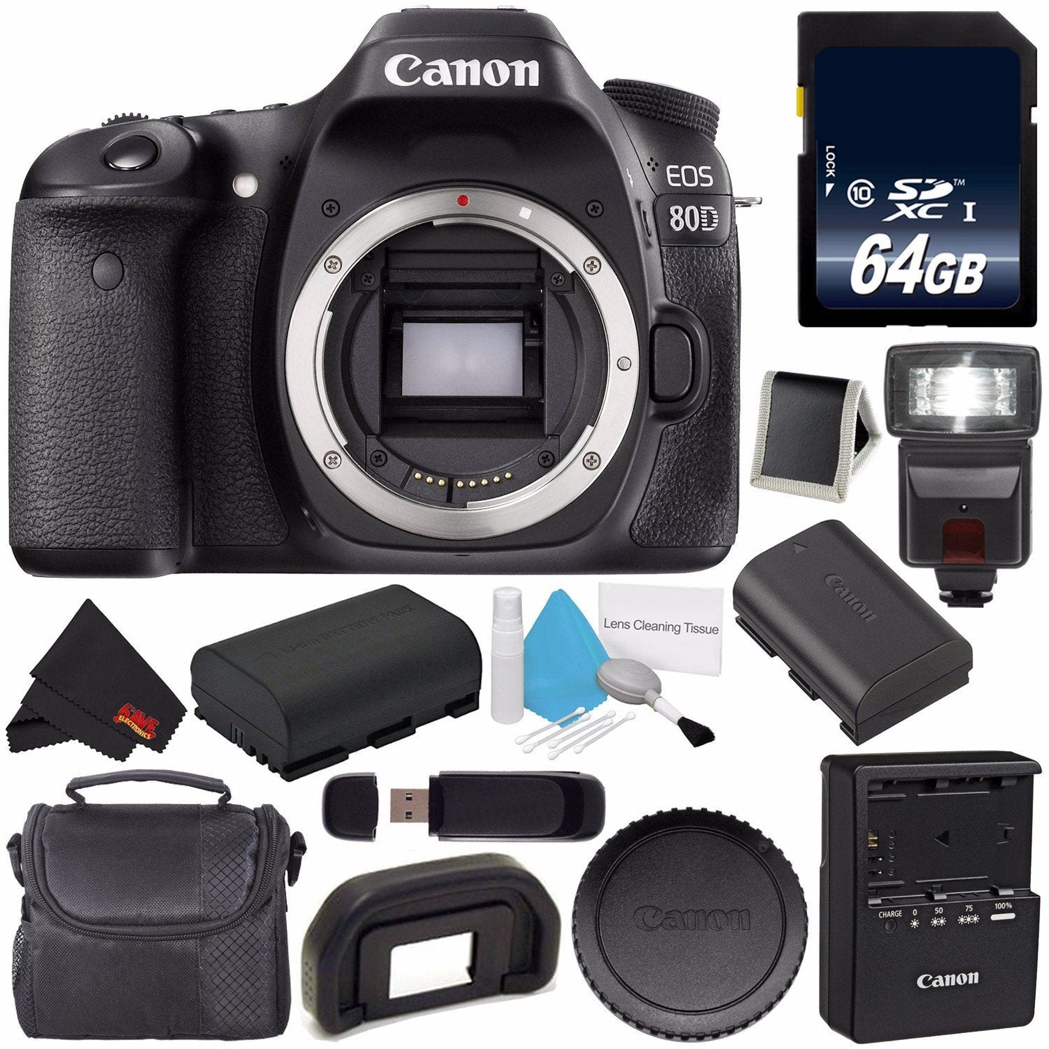 Canon EOS 80D DSLR Camera Body Only 1263C004 International Version + 64GB Memory Card + LP-E17 Replacement Lithium I Canon