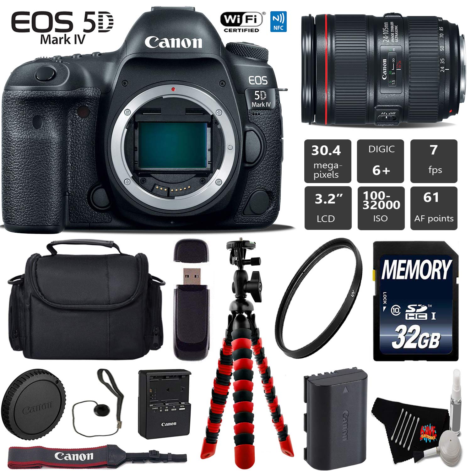 Canon EOS 5D Mark IV DSLR Camera with 24-105mm f/4L II Lens + Wireless Remote + UV Protection Filter + Case Starter Bundle Canon