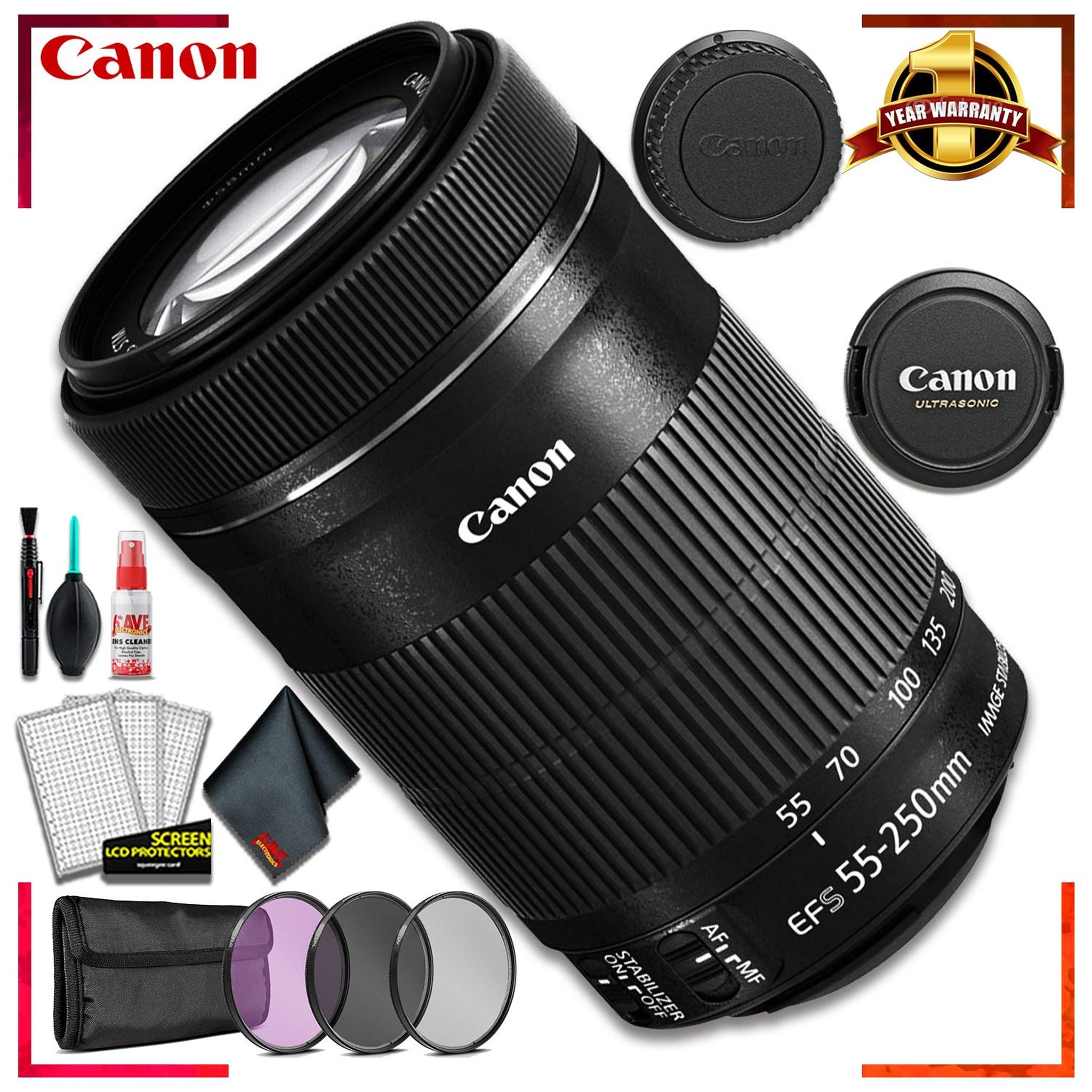 Canon EF-S 55-250mm f/4-5.6 is STM Lens + 3 Pcs Filter Kit + Cleaning Kit Canon