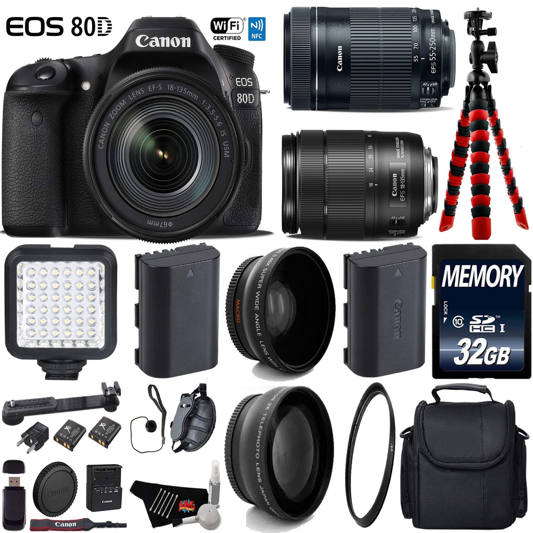 Canon EOS 80D DSLR Camera with 18-135mm STM Lens & 55-250mm is STM Lens + LED + UV FLD CPL Filter Kit Deluxe Bundle Canon