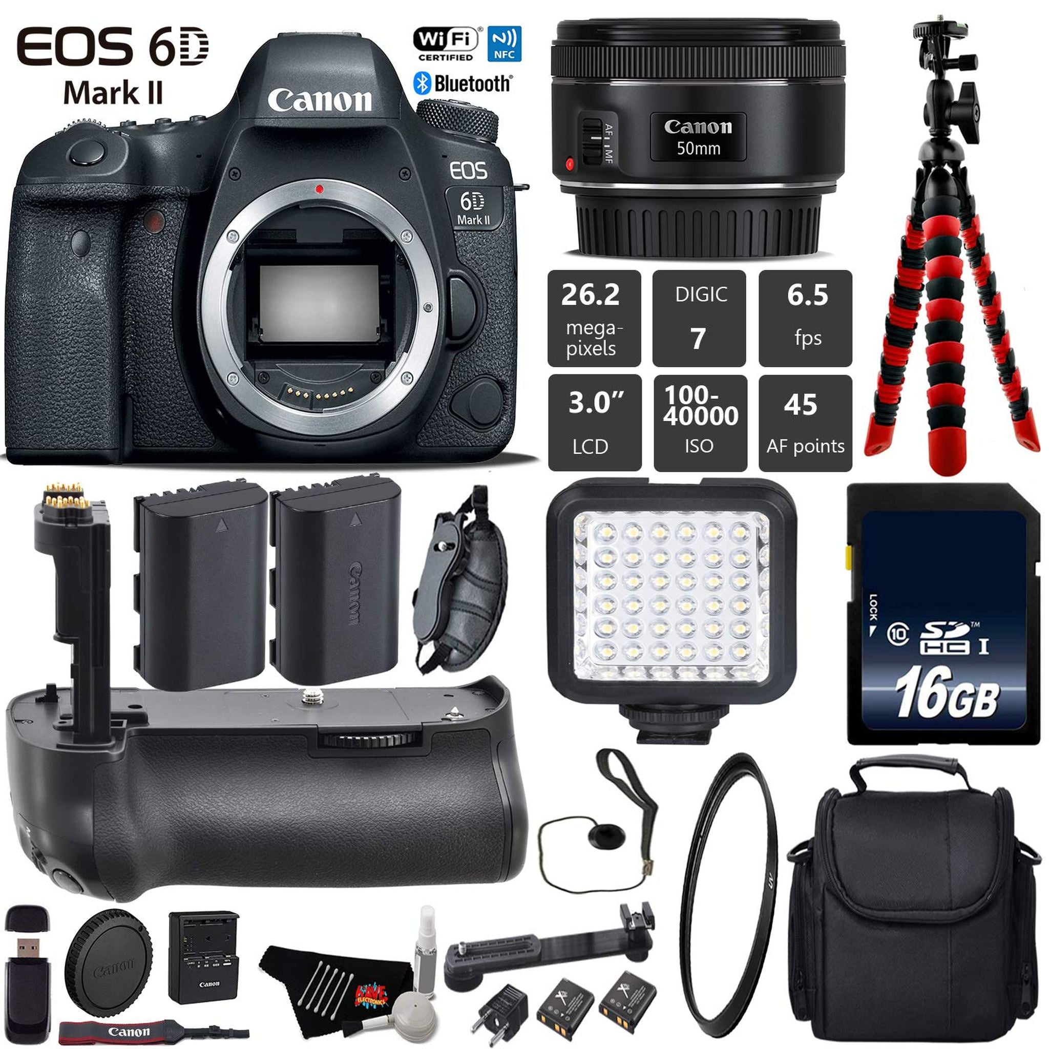 Canon EOS 6D Mark II DSLR Camera With 50mm 1.8 STM Lens + Professional Battery Grip + UV Protection Filter + LED Kit Base Bundle Canon