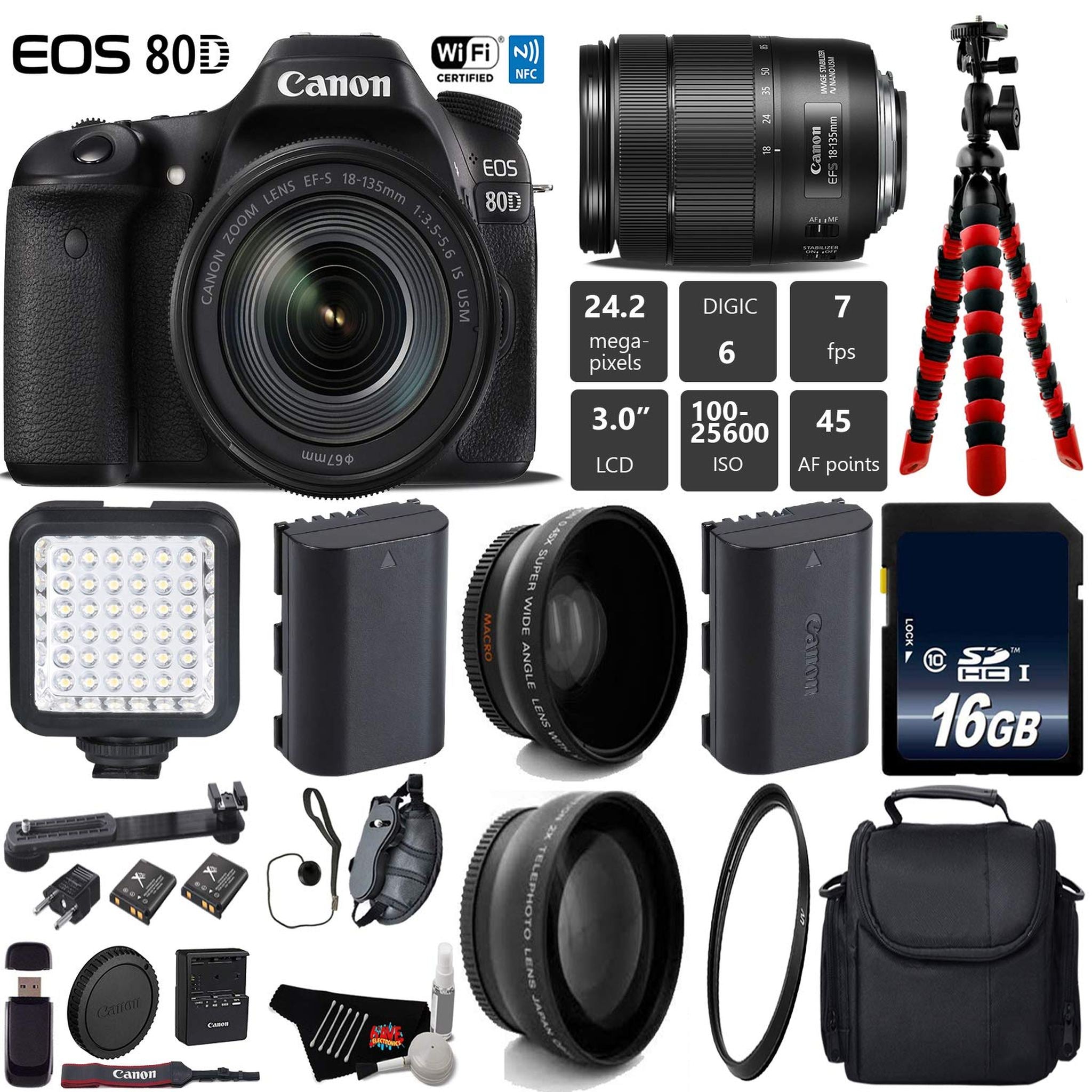 Canon EOS 80D DSLR Camera with 18-135mm is STM Lens + LED + UV FLD CPL Filter Kit + Wide Angle & Telephoto Lens + Camera Base Bundle Canon