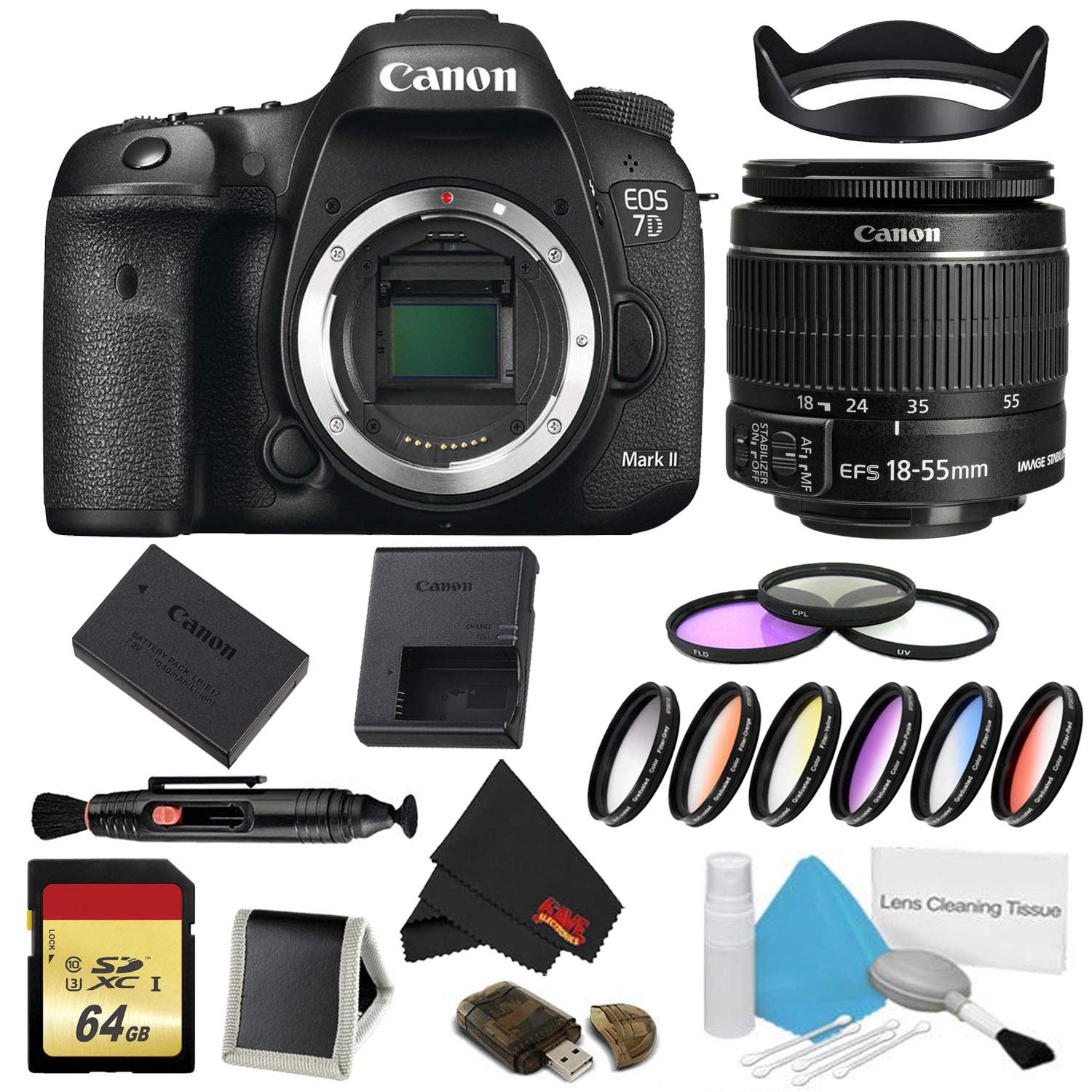 Canon EOS 7D Mark II DSLR Camera Body Only 9 Piece Filter Bundle w/Memory & 18-55mm Lens International Model Canon