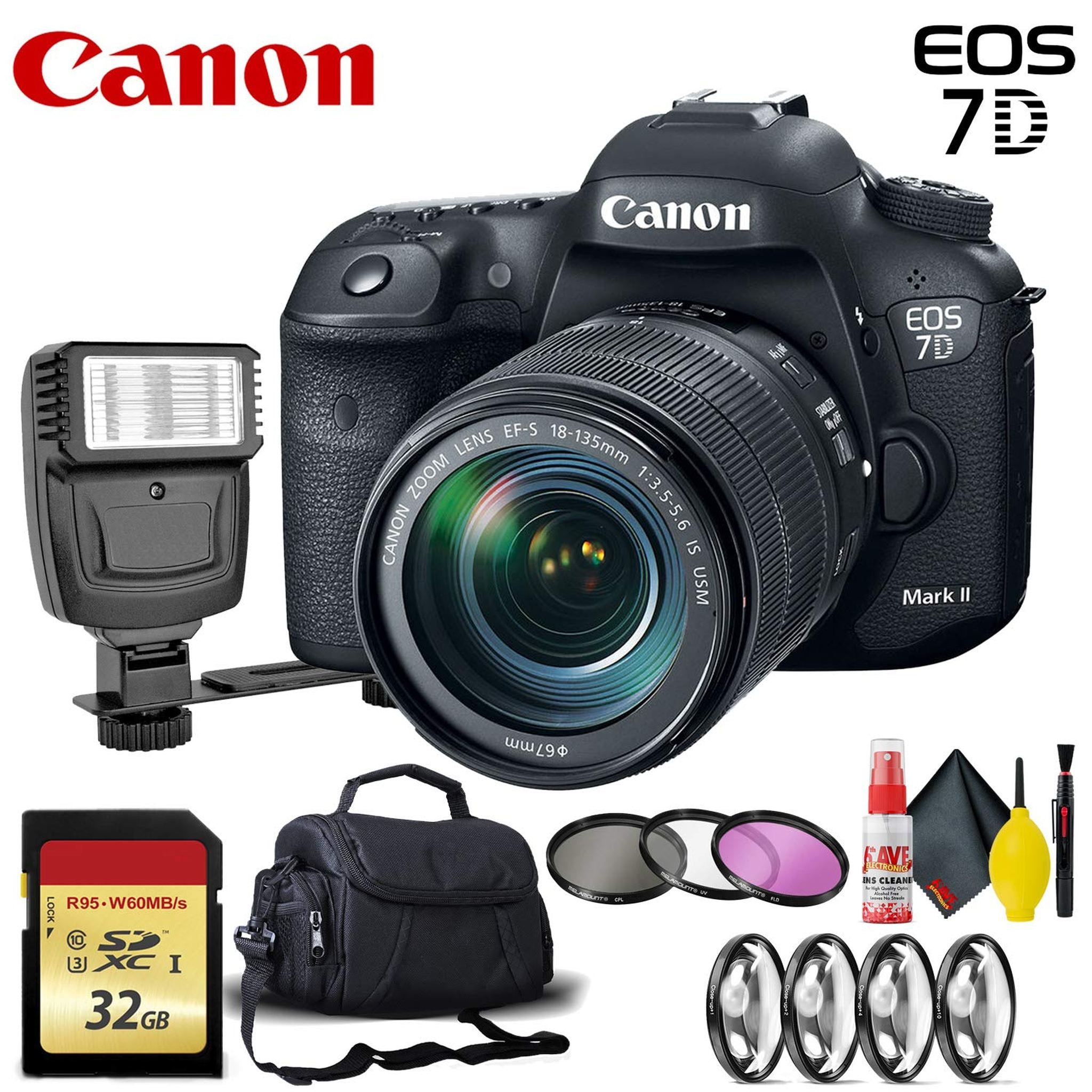 Canon EOS 7D Mark II DSLR Camera with 18-135mm f/3.5-5.6 IS USM Lens -Lens Kit + 20.9 MP + Dual Digic 6 + Full HD + 32 GB Memory Card + Filters + Flash + Camera Bag Canon