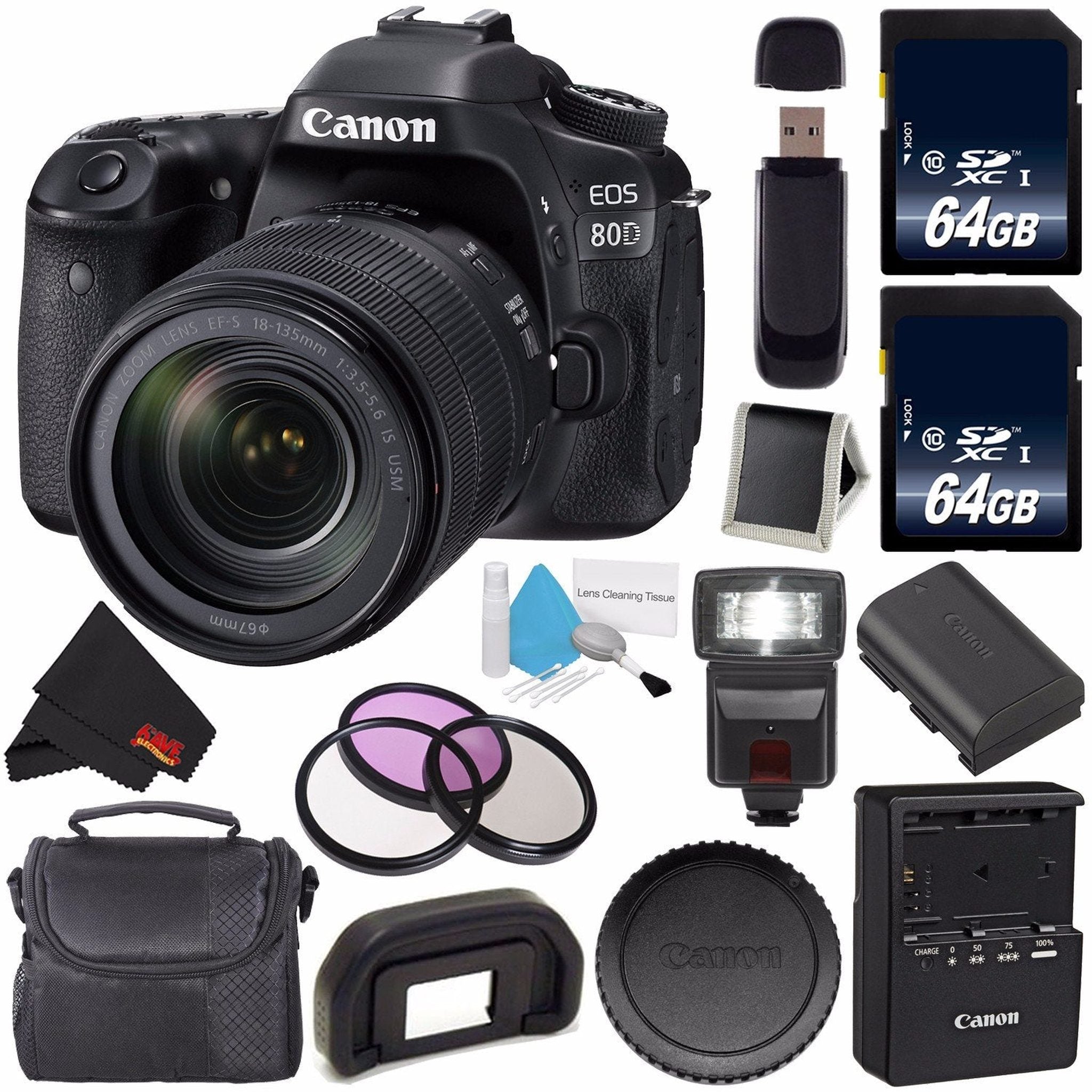 Canon EOS 80D DSLR Camera with 18-135mm Lens 1263C006 International Version + 64GB Memory Card + Carrying Case Bundle Canon