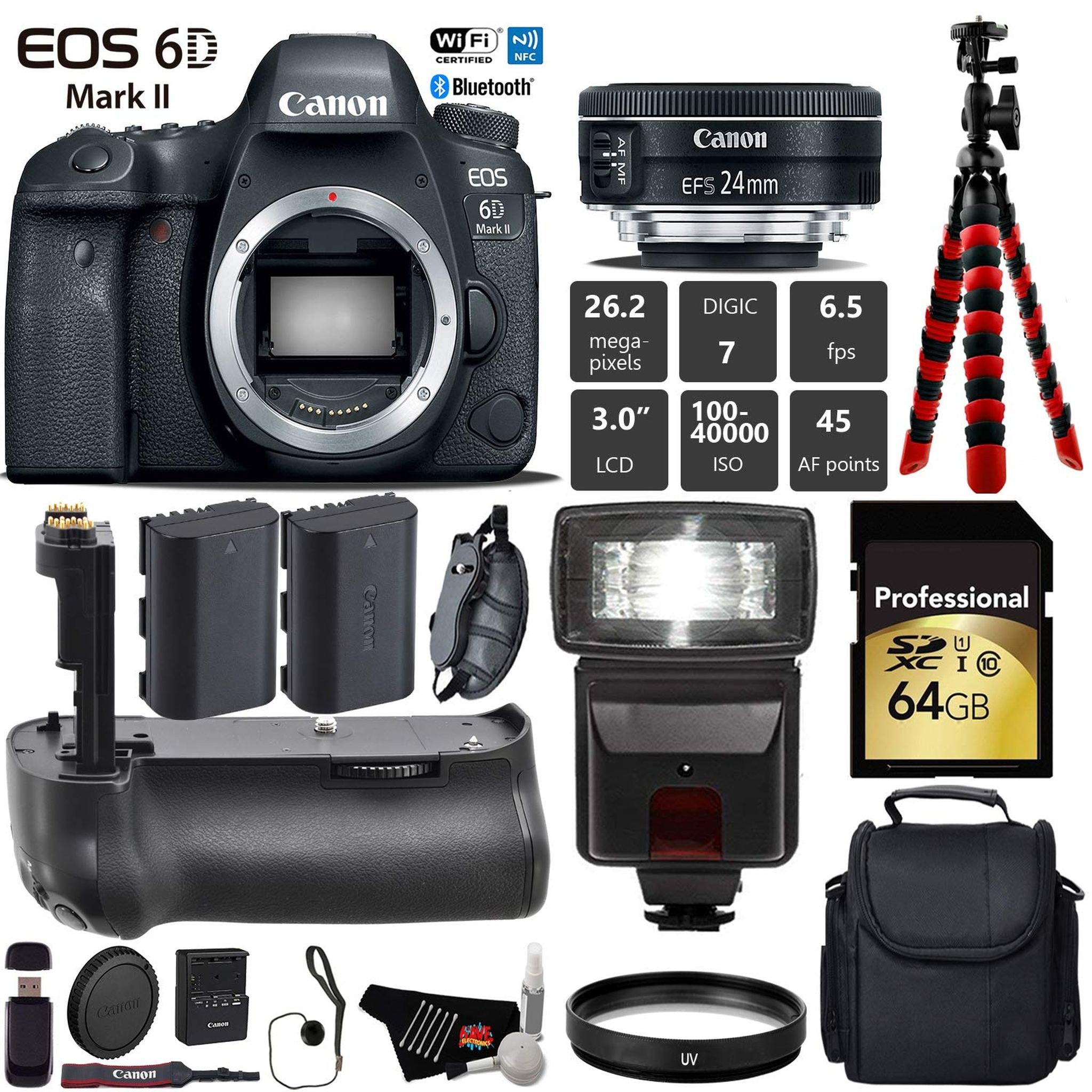 Canon EOS 6D Mark II DSLR Camera With 24mm f/2.8 STM Lens + Professional Battery Grip + UV Protection Filter + Flash Pro Bundle Canon