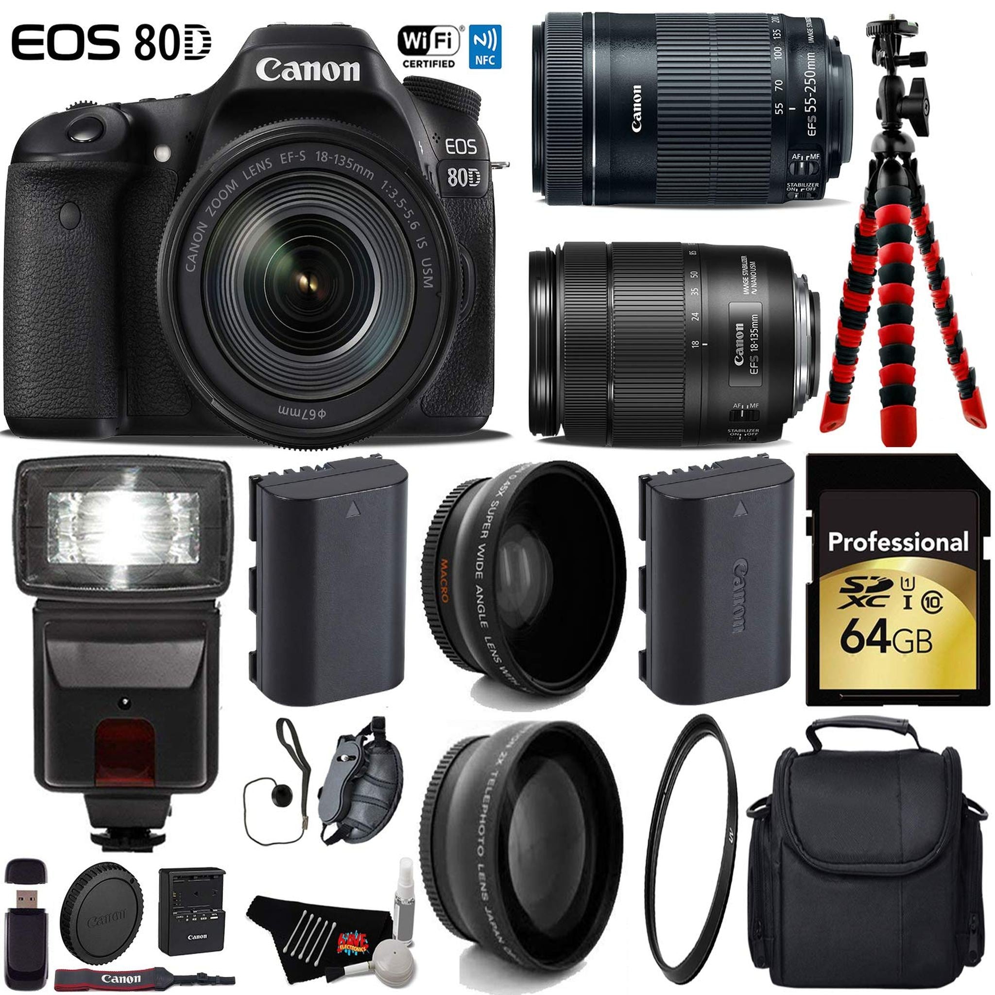 Canon EOS 80D DSLR Camera with 18-135mm is STM Lens & 55-250mm is STM Lens + Flash + UV FLD CPL Filter Kit Ultimate Bundle Canon