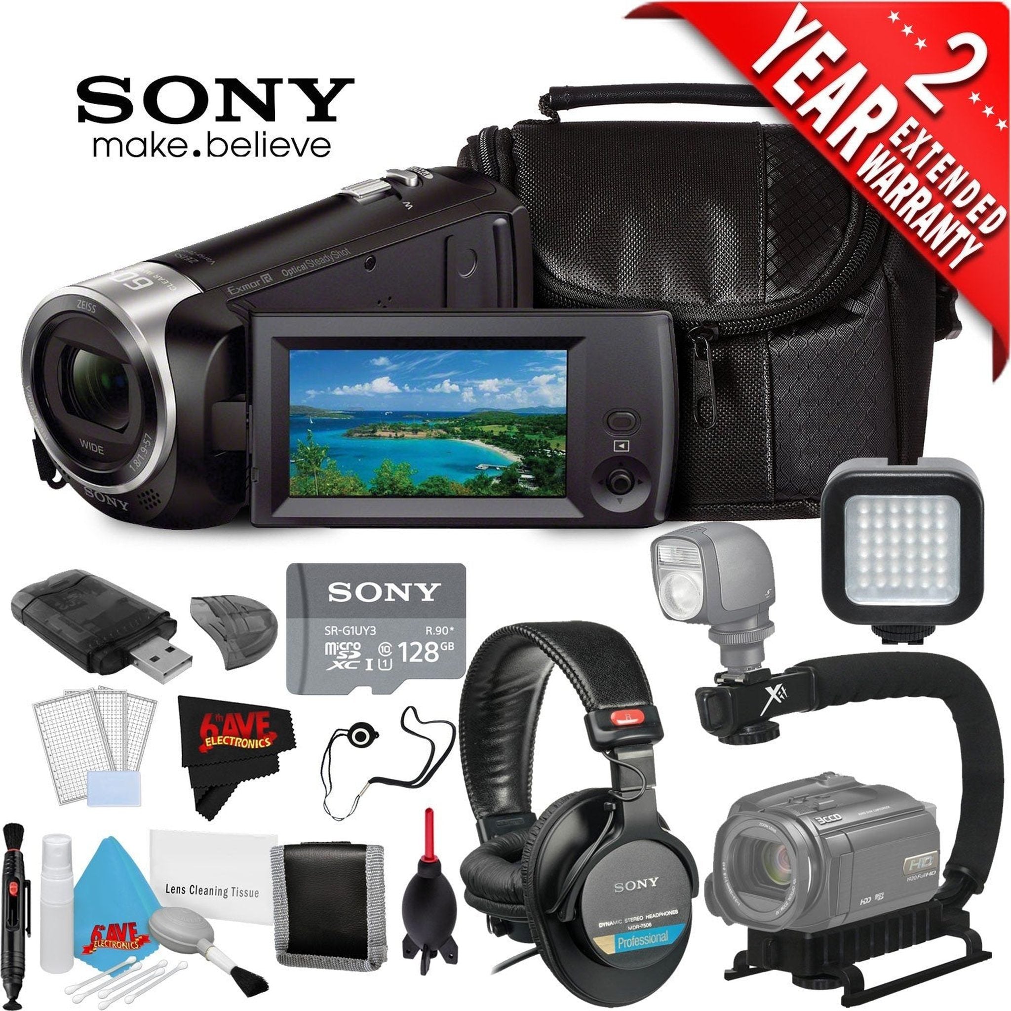 Sony HDR-CX405 Hd Camcorder Black + Sony 128Gb Uhs-I Microsdxc Memory Card + Sony Mdr-7506 Headphone Year Warranty Sony