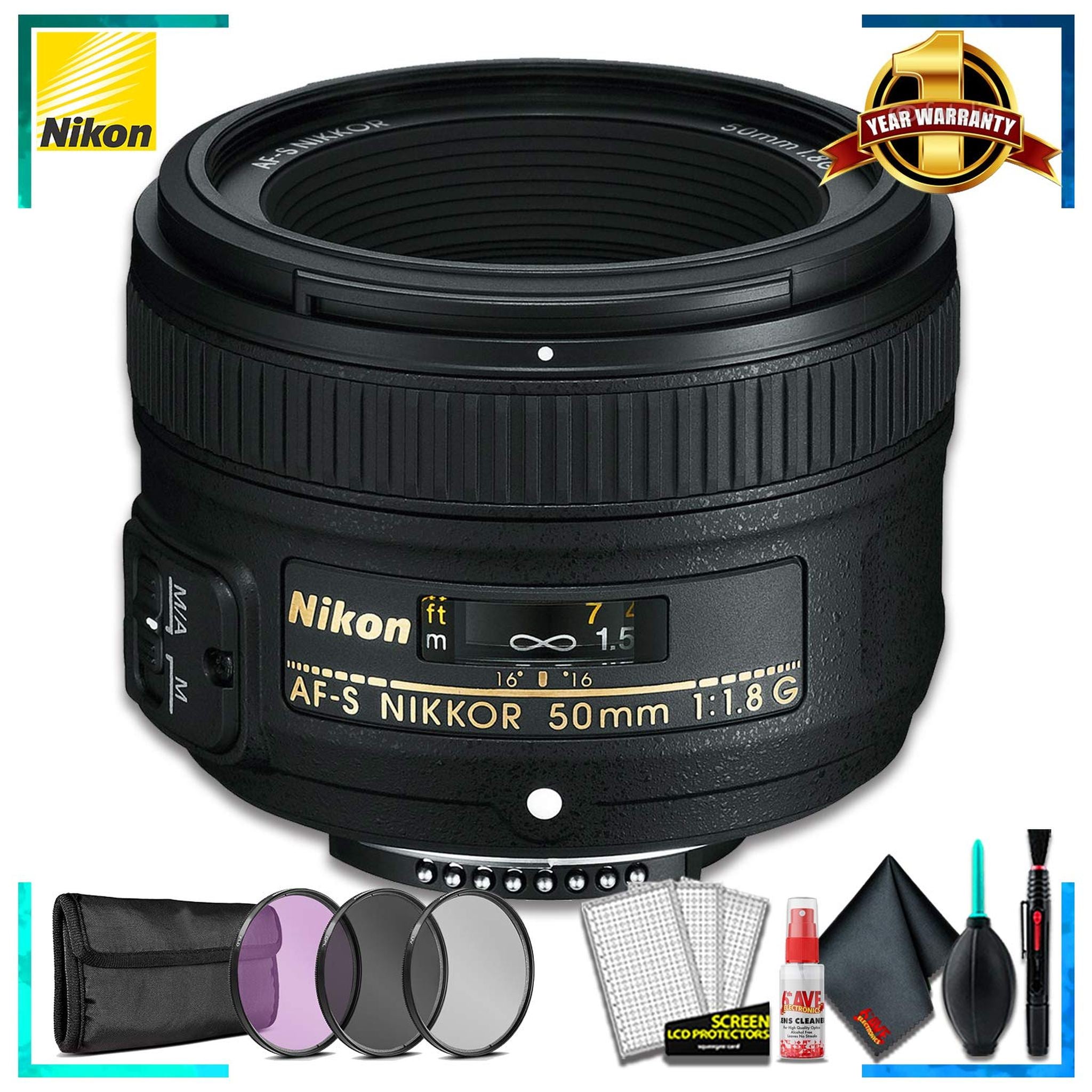 Nikon AF-S NIKKOR 50mm f/1.8G Camera Lens International Model + 3 Pcs Filter Kit + Cleaning Kit Nikon