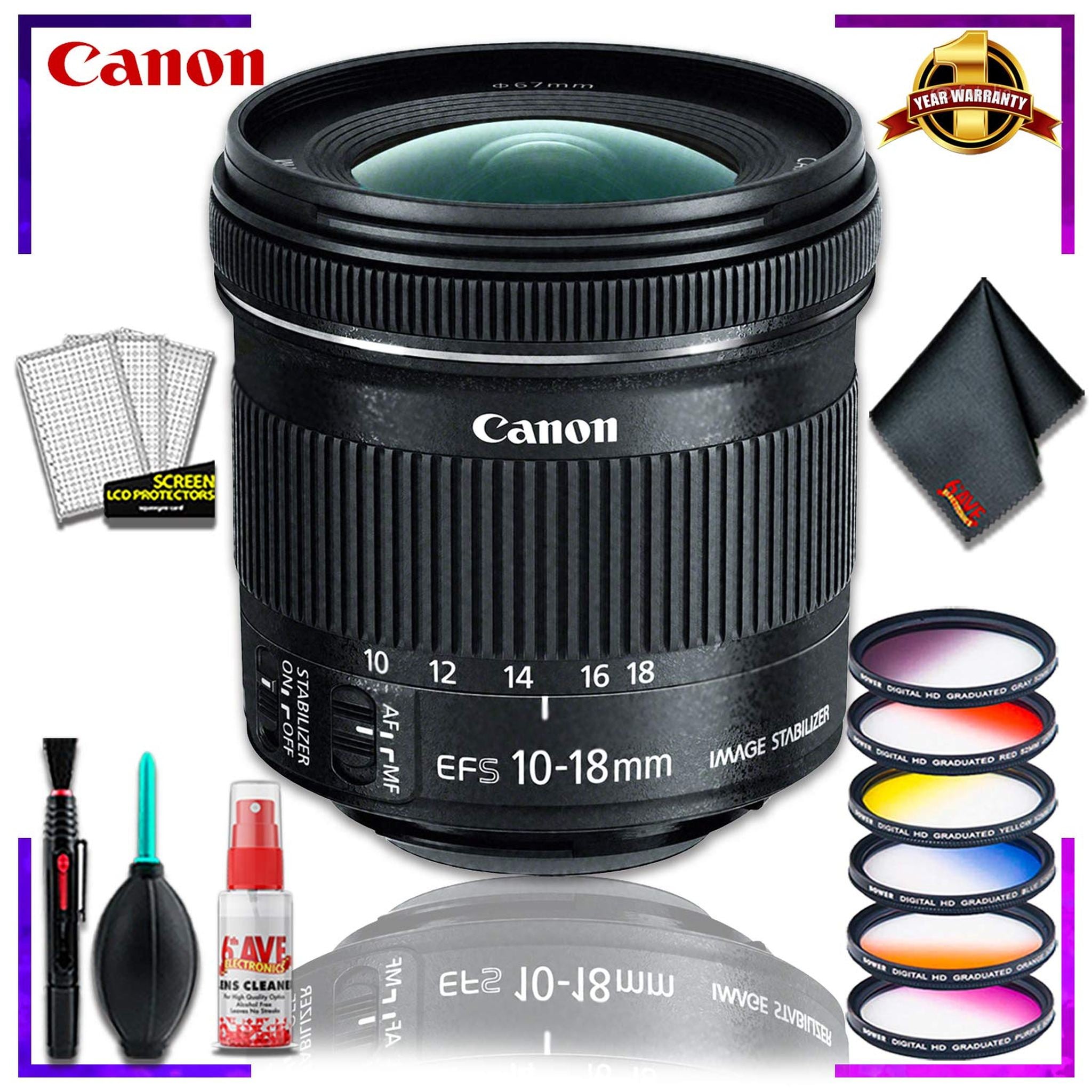 Canon EF-S 10-18mm f.4.5-5.6 is STM Lens International Model + Vivitar Graduated Color Filter Kit + Cleaning Kit Canon