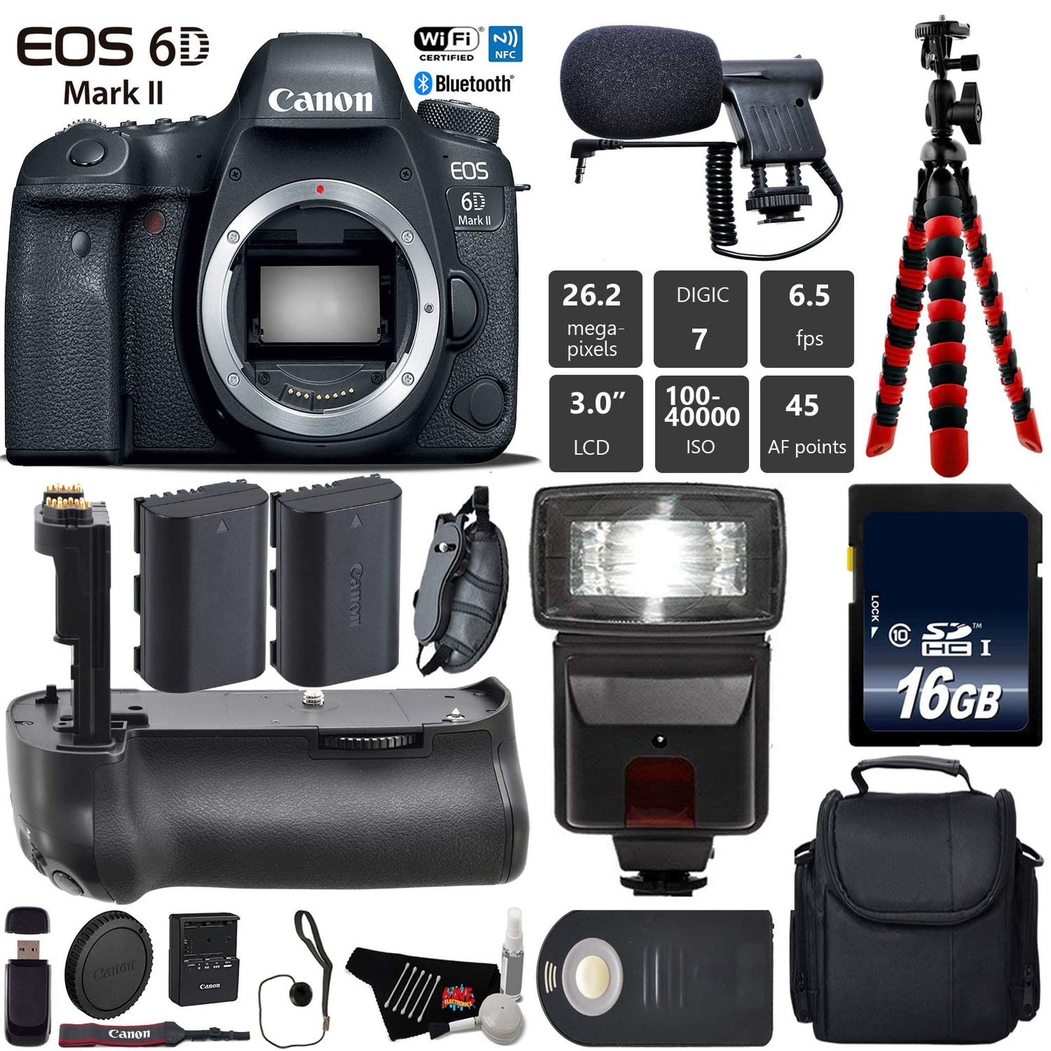 Canon EOS 6D Mark II DSLR Camera Body Only + Professional Battery Grip + Condenser Microphone + Flash + Extra Battery Base Bundle Canon