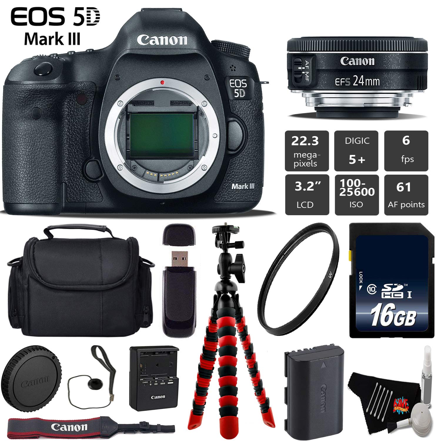 Canon EOS 5D Mark III DSLR Camera with 24mm f/2.8 STM Lens + Wireless Remote + UV Protection Filter + Case + Wrist Strap Base Bundle Canon