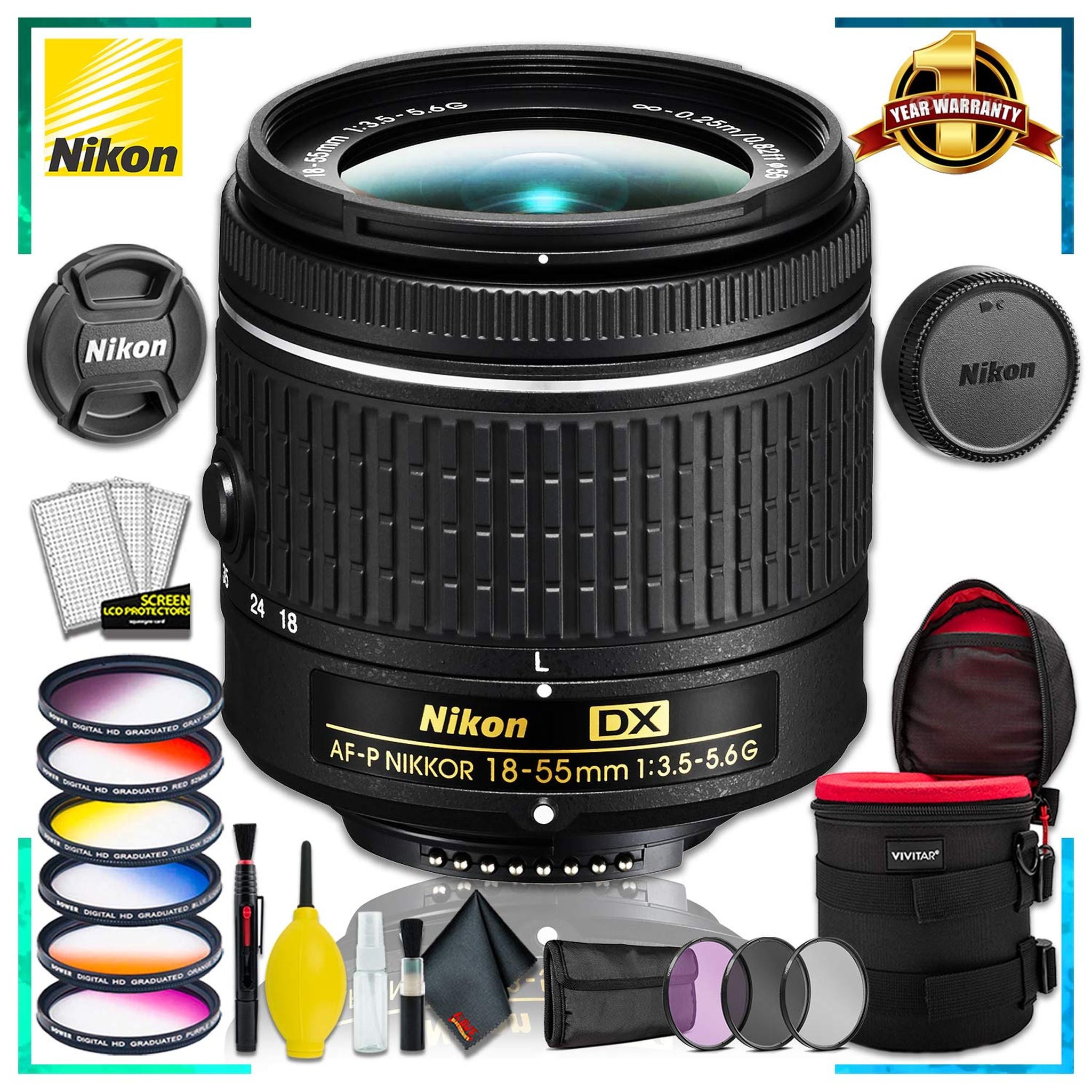 Nikon 18-55 f/3.5-5.6G AF-P DX Lens Intl Model + 4.5 inch Vivitar Premium Lens Case + Vivitar Graduated Color Filter Kit + 3pcs UVLens Filter Kit + Cleaning Kit Nikon