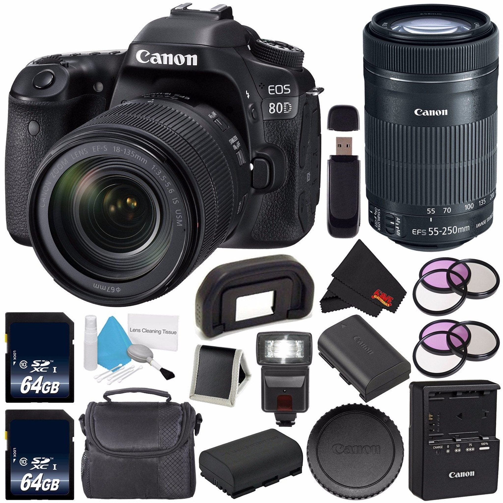 Canon EOS 80D DSLR Camera with 18-135mm Lens 1263C006 International Version + Canon EF-S 55-250mm Lens + 64GB SDXC Car Canon