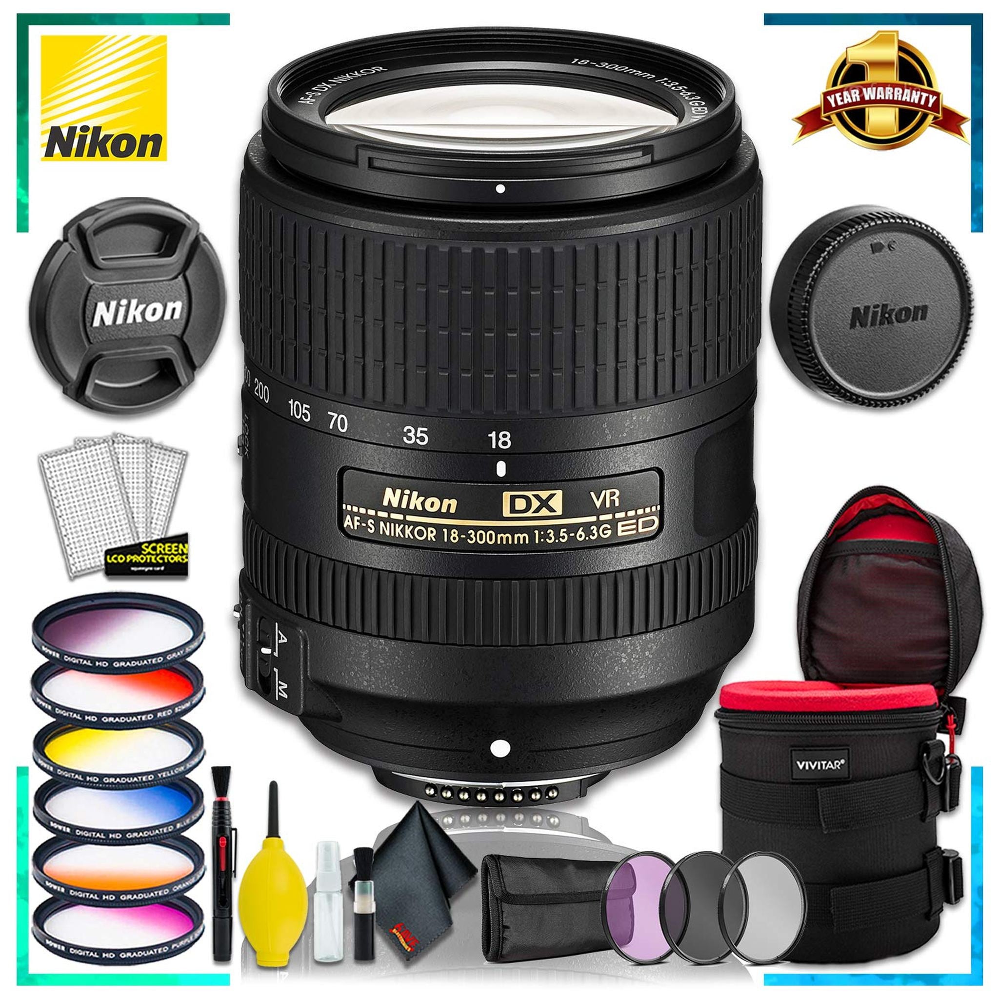 Nikon AF-S DX VR Nikkor 18-300MM Lens Intl Model + 4.5 inch Vivitar Premium Lens Case + Vivitar Graduated Color Filter Set + 3pcs UV Lens Filter Nikon