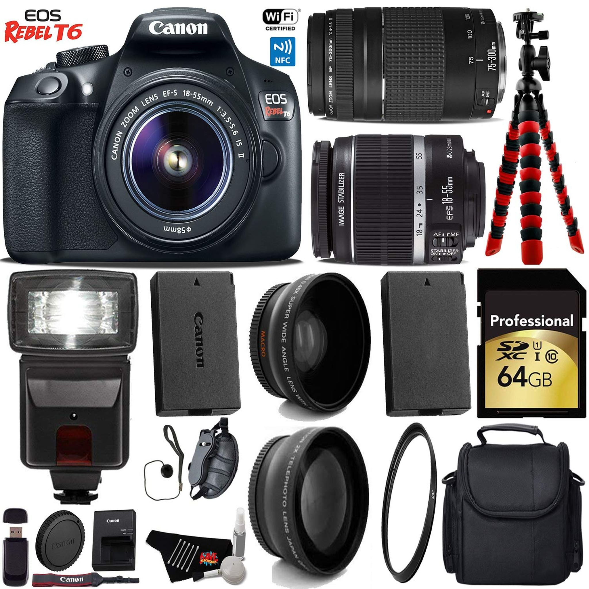 Canon EOS Rebel T6 DSLR Camera 18-55mm is II Lens & 75-300mm III Lens + Flash + UV FLD CPL Filter Kit Pro Bundle Canon