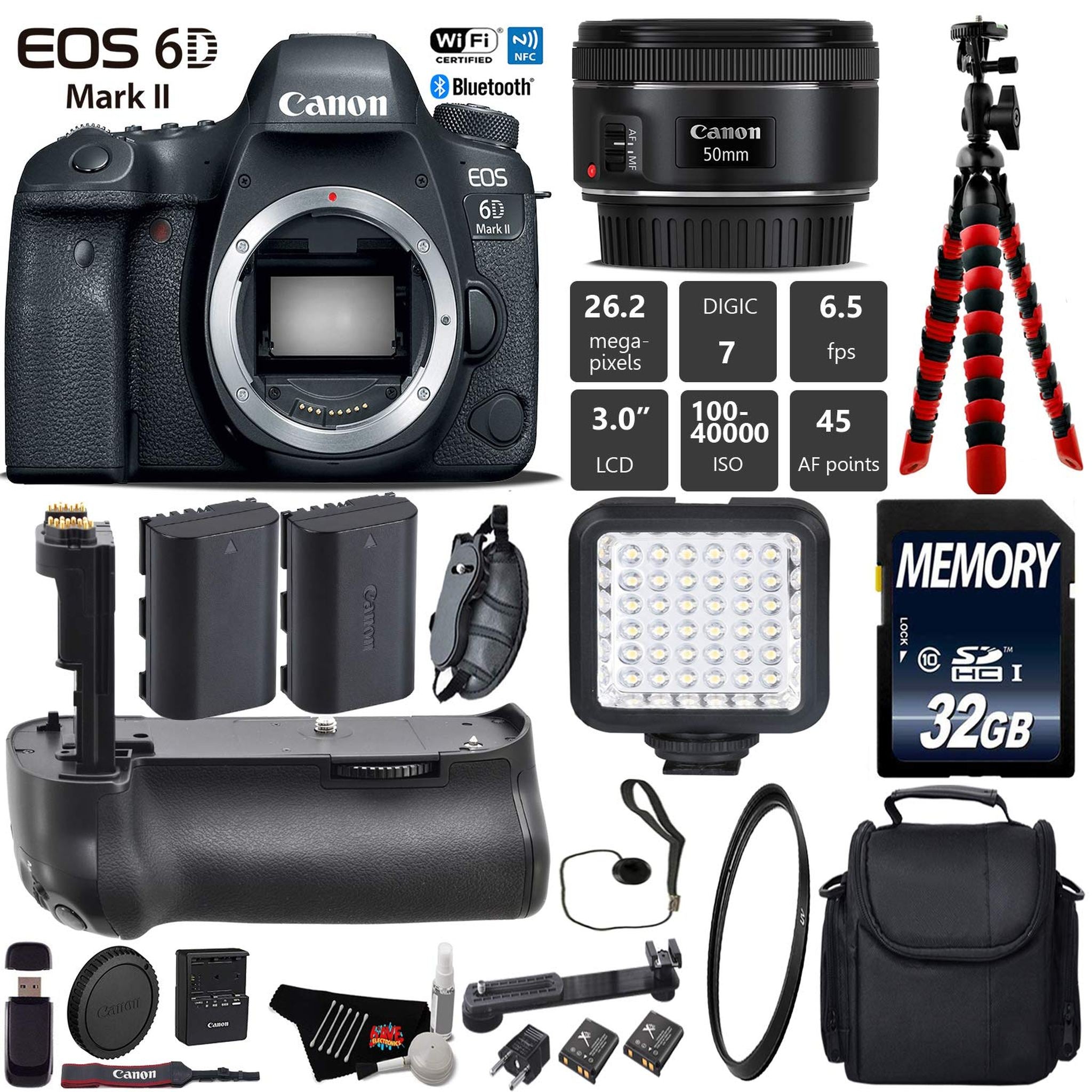 Canon EOS 6D Mark II DSLR Camera With 50mm 1.8 STM Lens + Professional Battery Grip + UV Protection Filter + LED Kit Starter Bundle Canon