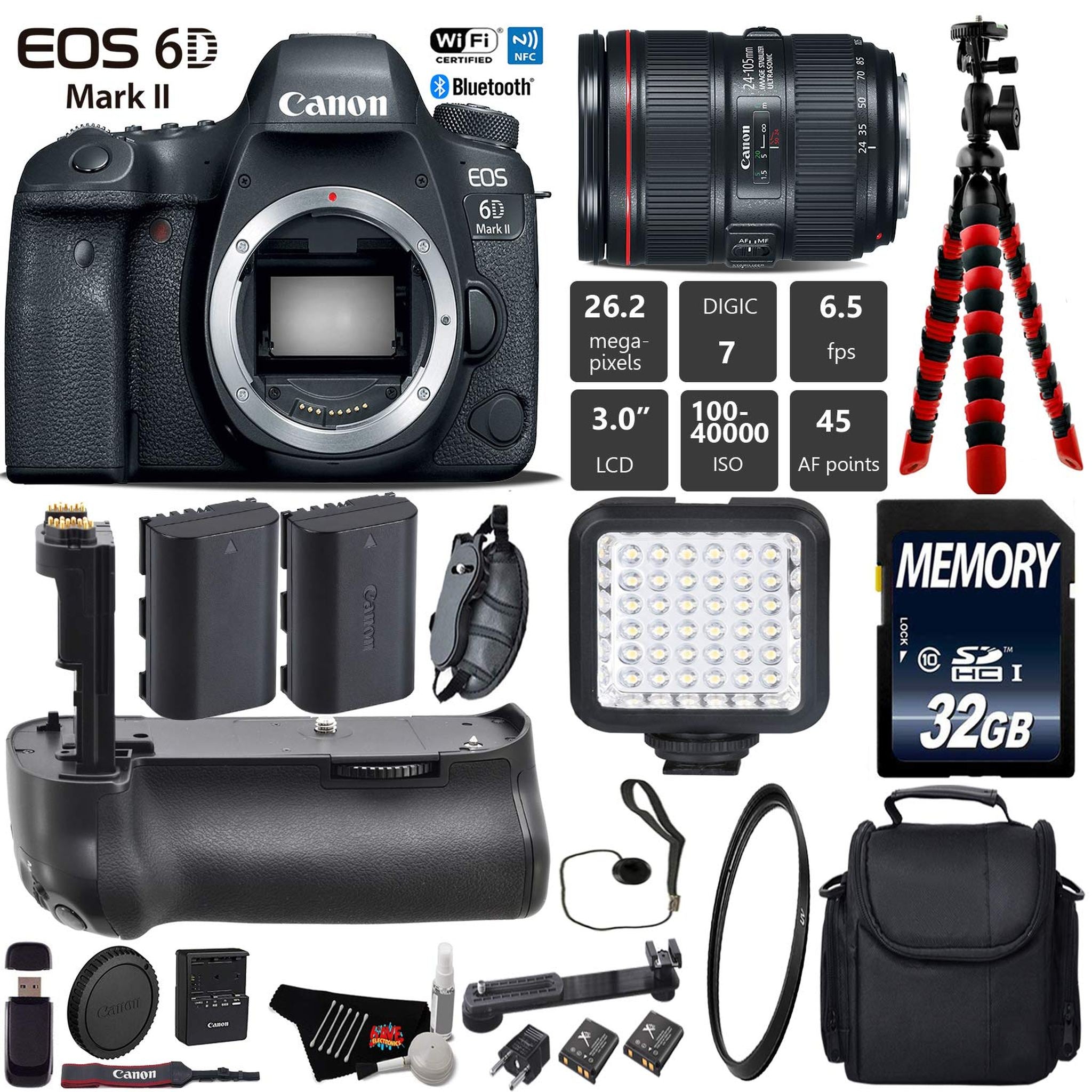 Canon EOS 6D Mark II DSLR Camera with 24-105mm f/4L II Lens + Professional Battery Grip + UV Filter + LED Kit Starter Bundle Canon