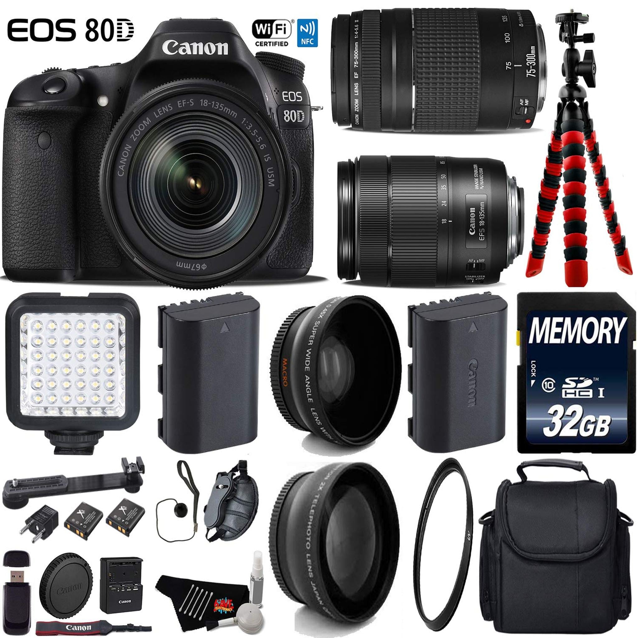 Canon EOS 80D DSLR Camera with 18-135mm is STM Lens & 75-300mm III Lens + LED + UV FLD CPL Filter Kit Ultimate Bundle Canon