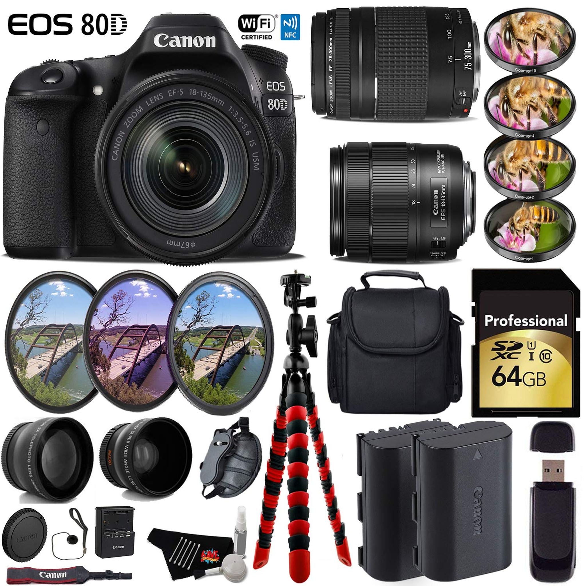 Canon EOS 80D DSLR Camera & 18-135mm is STM Lens & 75-300mm III Lens + UV FLD CPL Filter Kit + 4 PC Macro Kit Ultimate Bundle Canon