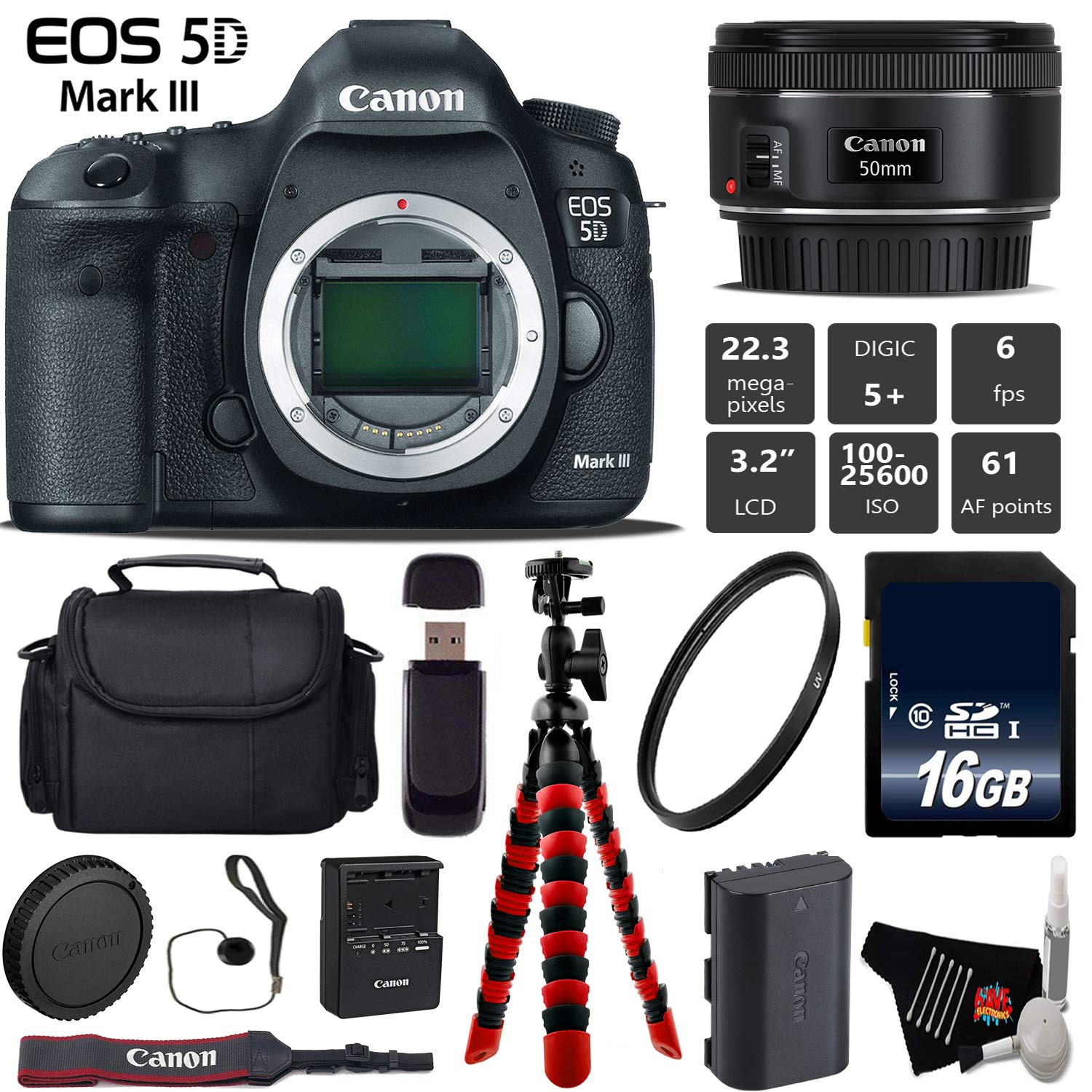 Canon EOS 5D Mark III DSLR Camera with 50mm f/1.8 STM Lens + Wireless Remote + UV Protection Filter + Case + Wrist Strap Base Bundle Canon