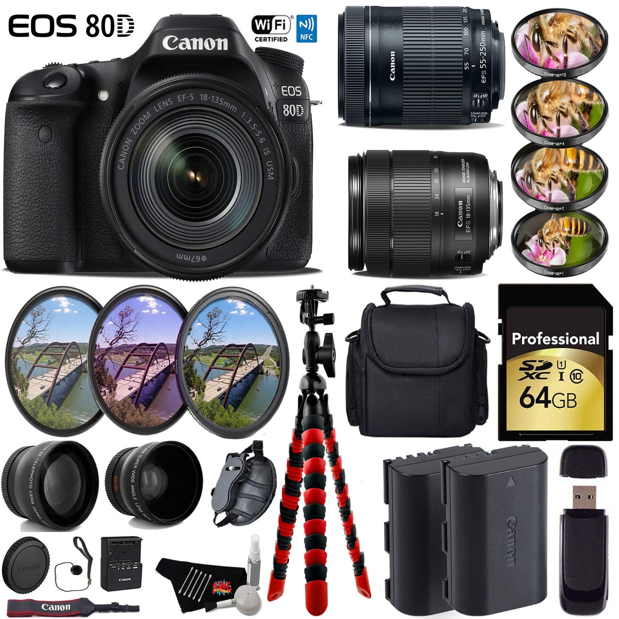 Canon EOS 80D DSLR Camera + 18-135mm STM Lens & 55-250mm is STM Lens + UV FLD CPL Filter Kit + 4 PC Macro Kit Ultimate Bundle Canon