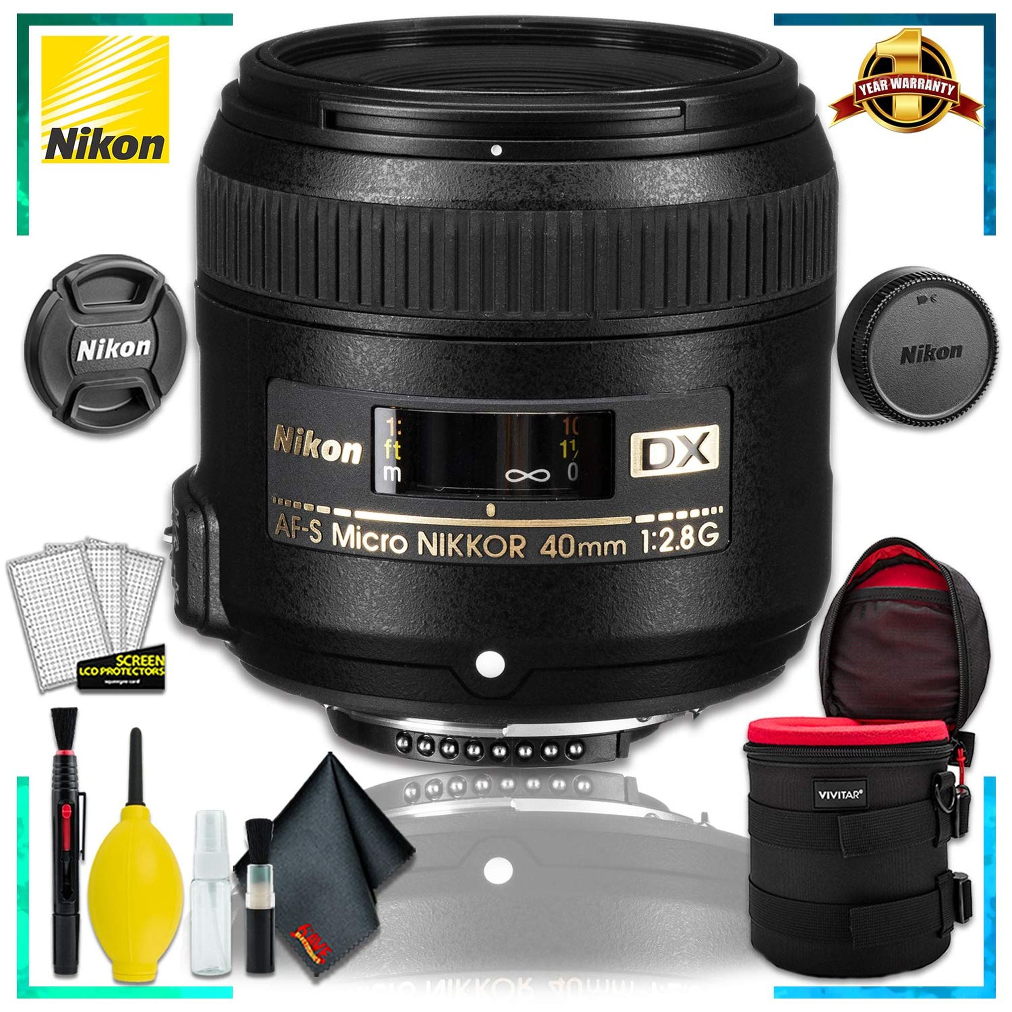 Nikon AF-S DX Micro NIKKOR 40mm F.2.8G Lens International Model + 4.5 inch Vivitar Premium Lens Case + Cleaning Kit Nikon