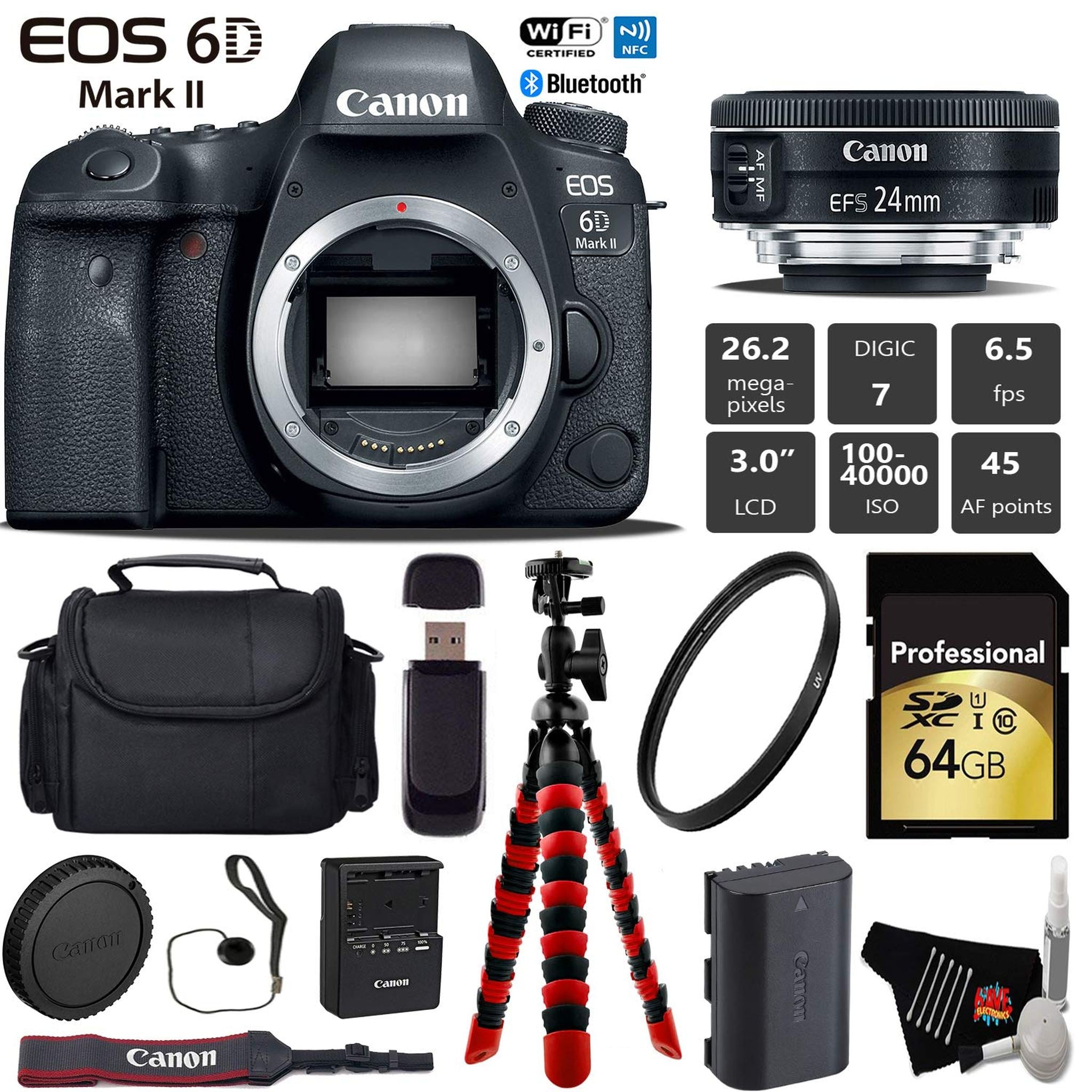 Canon EOS 6D Mark II DSLR Camera with 24mm f/2.8 STM Lens + Wireless Remote + UV Protection Filter + Case + Wrist Strap Pro Bundle Canon