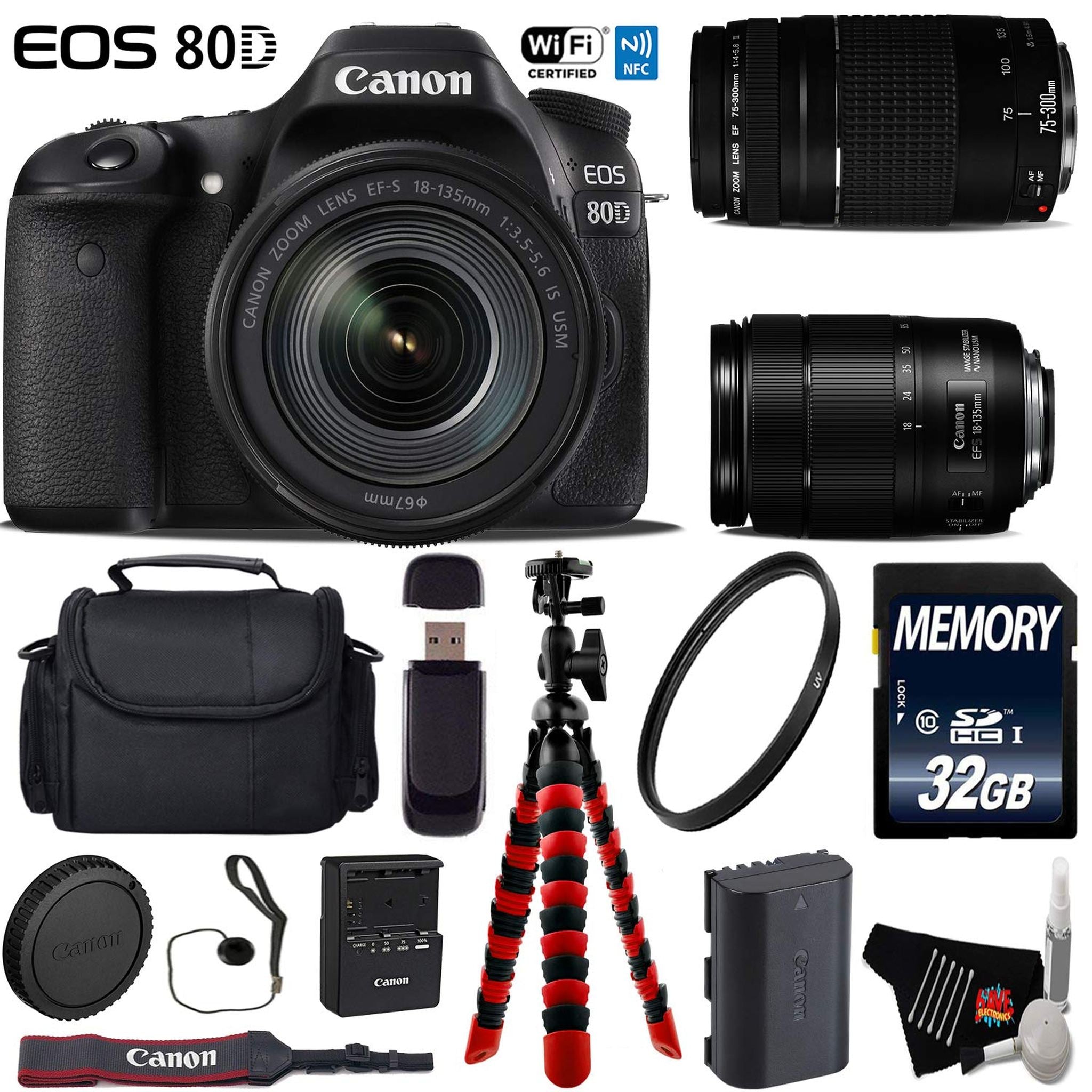 Canon EOS 80D DSLR Camera with 18-135mm is STM Lens & 75-300mm III Lens + Flexible Tripod + UV Protection Filter Deluxe Bundle Canon