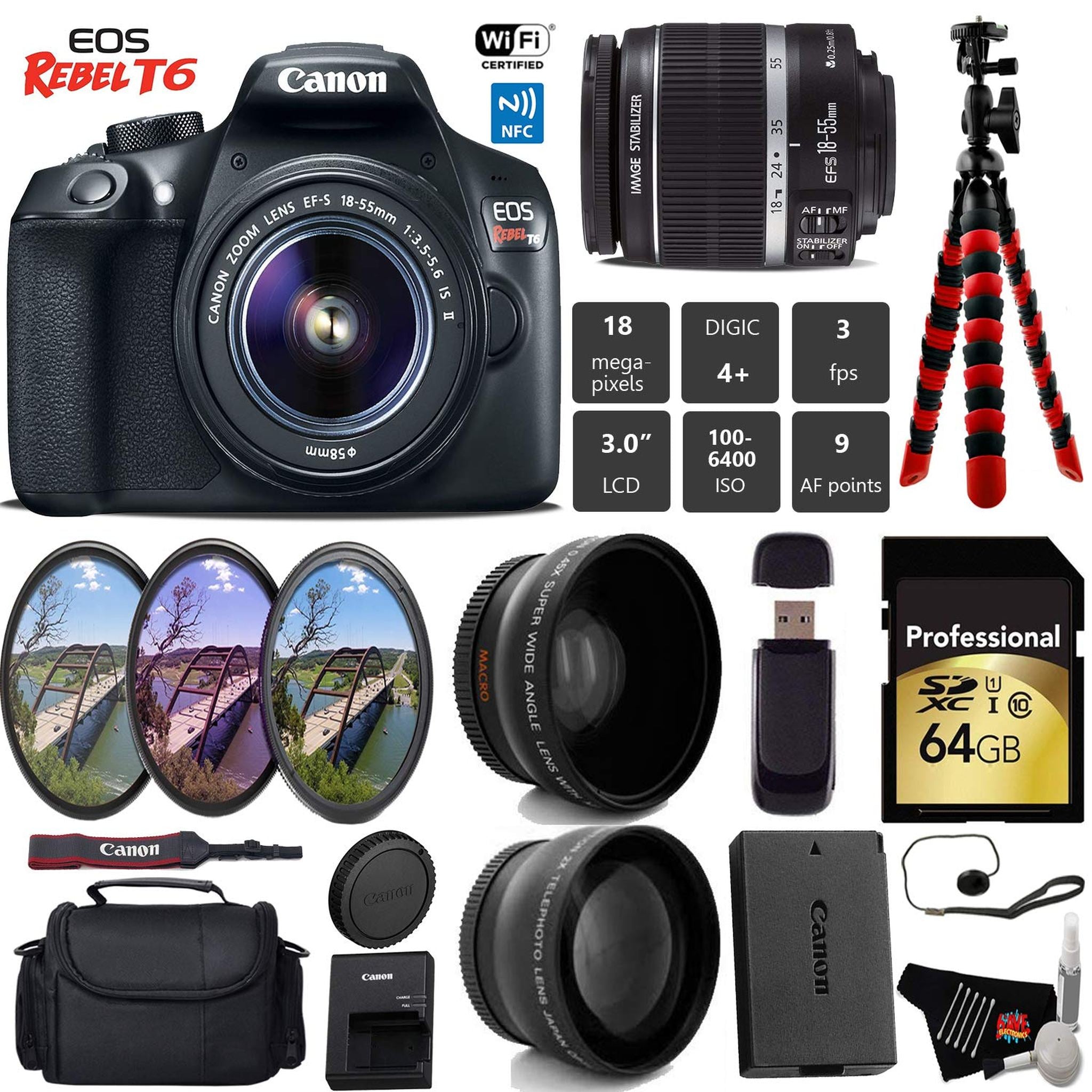 Canon EOS Rebel T6 DSLR Camera 18-55mm is II Lens + UV FLD CPL Filter Kit + Wide Angle & Telephoto Lens + Camera Case Pro Bundle Canon